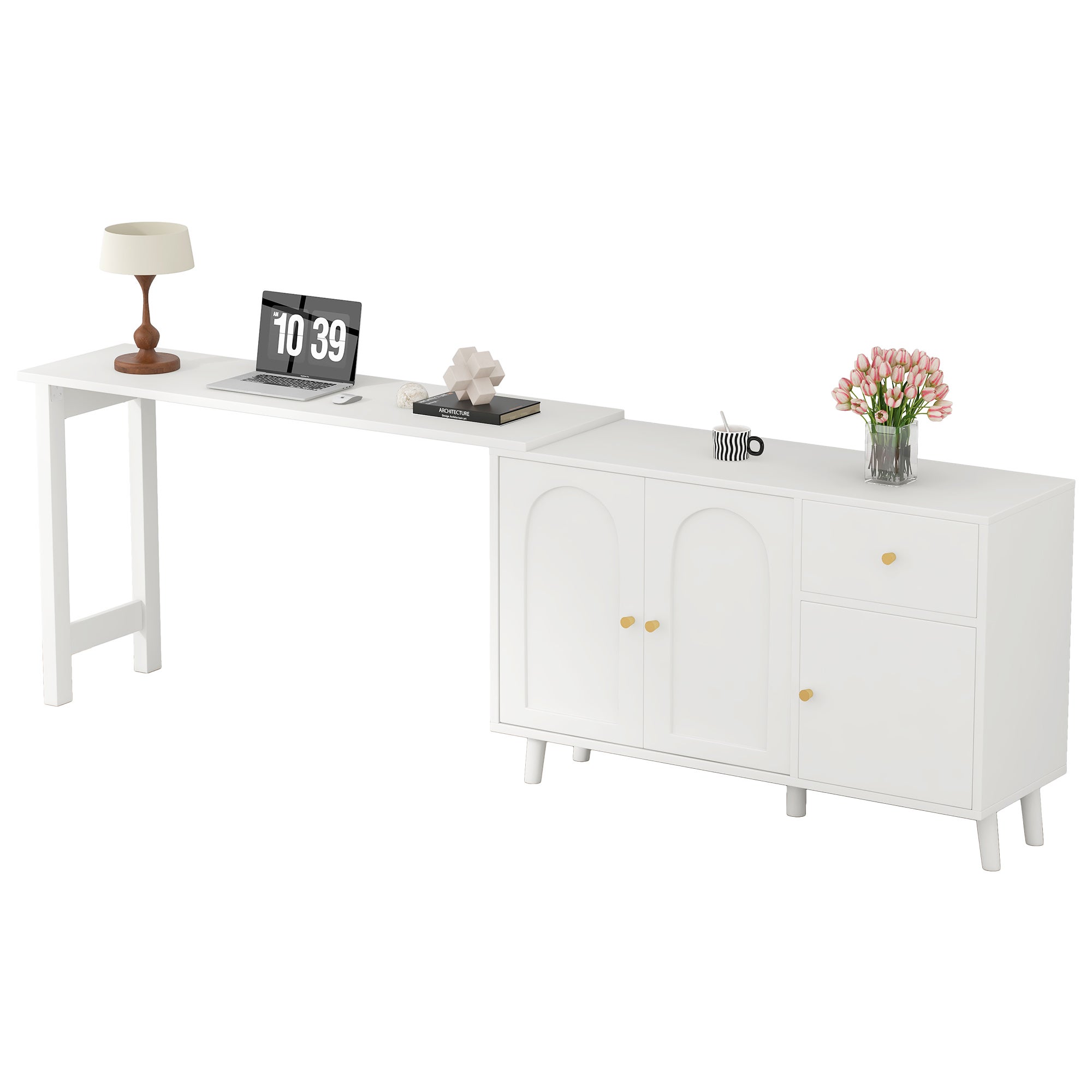 Bureau d'angle pivotant avec 3 portes et 1 tiroir, coiffeuse - 120 x 40 x 74.5 cm - Panneau de particules - Blanc - 4