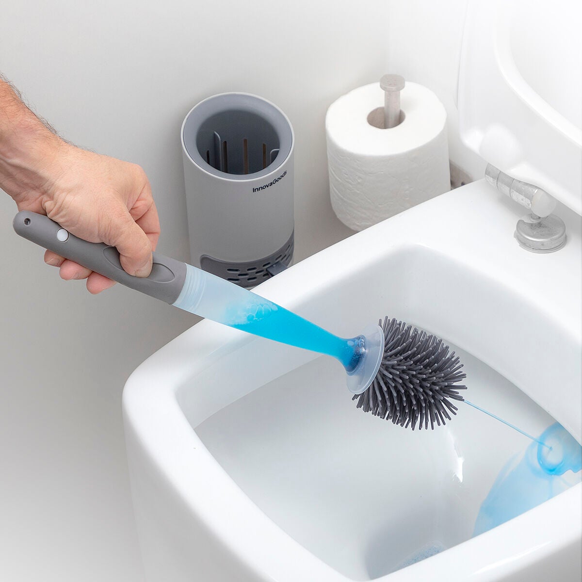 Scopino da bagno con dispenser di sapone | Spazzola WC in silicone | Design moderno e ventilato con supporto a parete | Porta scopino WC igienico