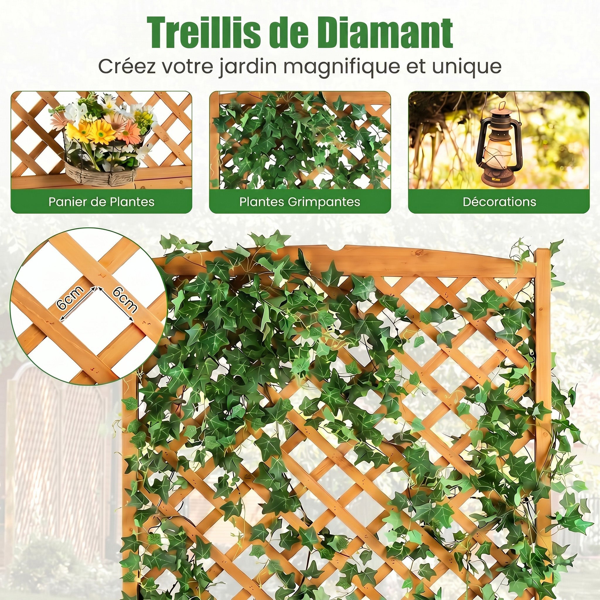 Jardinière avec Treillis en Bois de Sapin avec Trou de Drainage, Bac à Fleurs pour Plante Grimpante Vigne, 90 x 44,5 x 180 cm, Naturel - 5