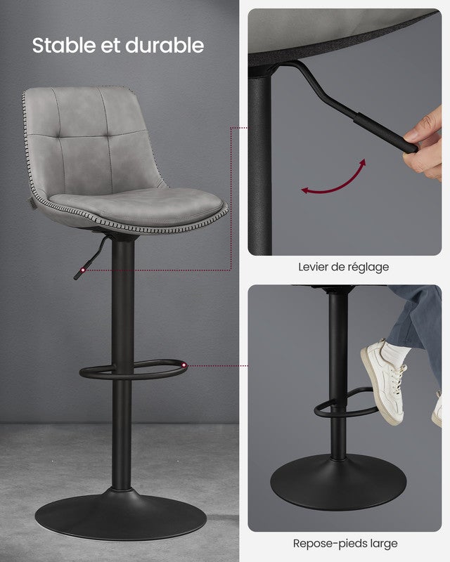 Tabourets de Bar, Lot de 4, Siège Pivotant à Hauteur Réglable, en PU, avec Dossier et Repose-Pieds, Gris Tourterelle - 7