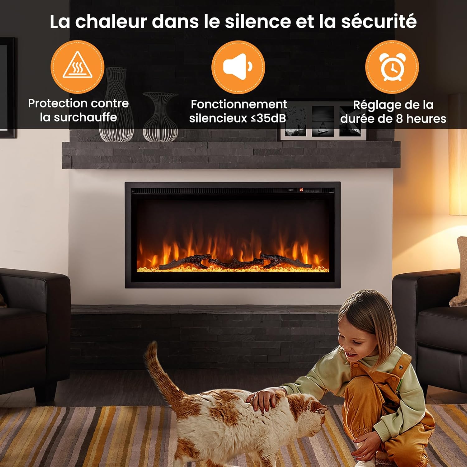 Camino Elettrico da 91,5cm da Incasso a Parete, Caminetto Elettrico da 750W/1500W con Telecomando, Termostato, Protezione da Surriscaldamento, - 9