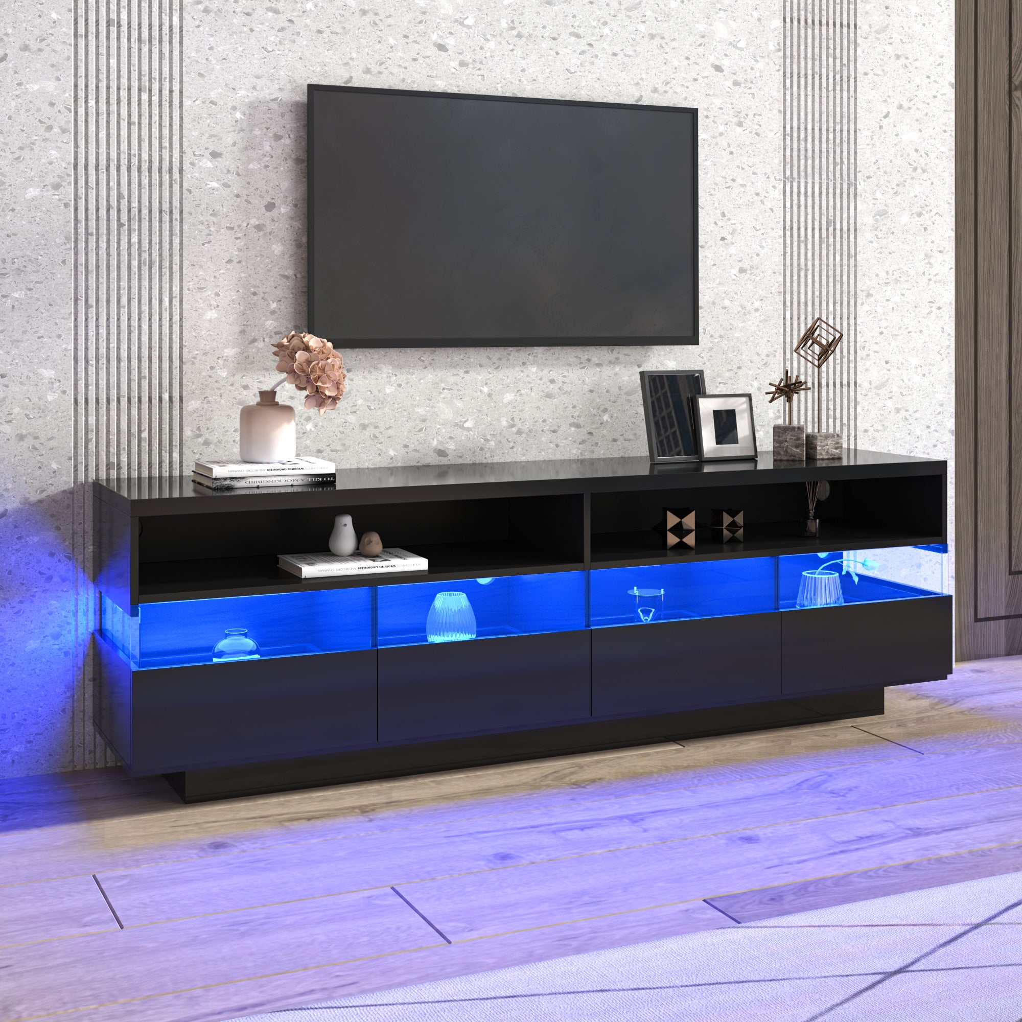 Mesa De Centro Con LED Y Almacenamiento - 4 Cajones Y Espacio Abierto, Madera MDF 90x50x43 Cm Para Salón