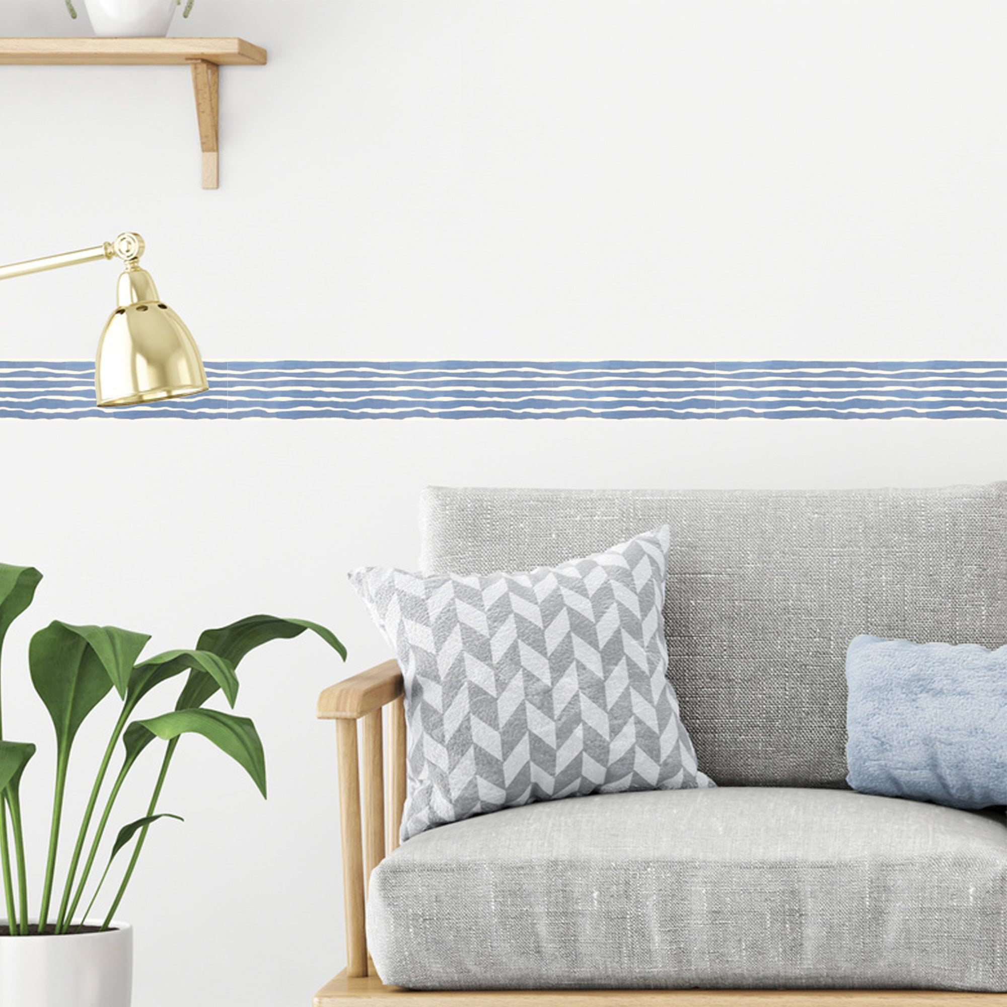 Friso adhesivo decorativo, líneas horizontales, dibujadas, azul y blanquecino, 5 cm x 300 cm - 4