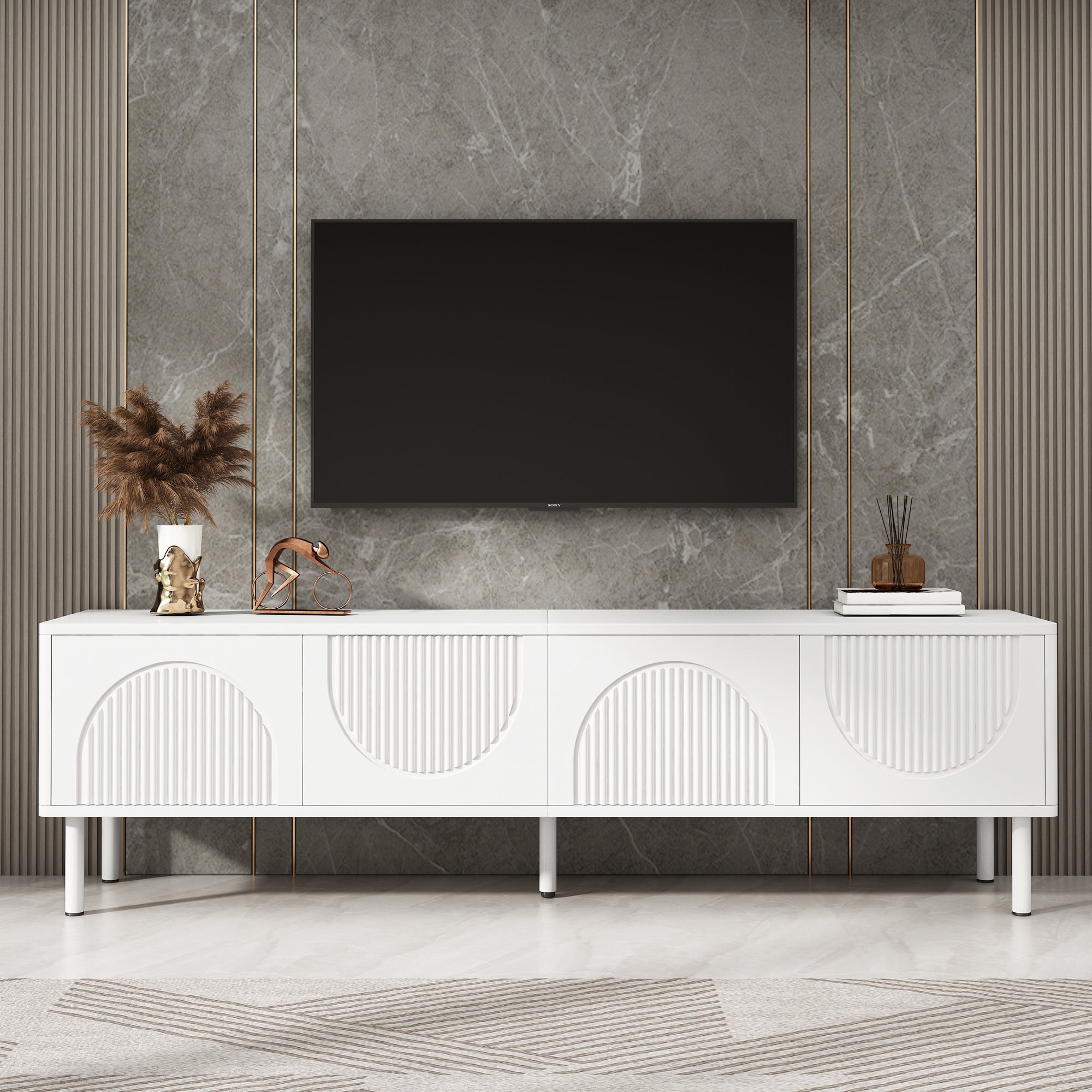 Nowoczesna szafka RTV 180x40x52 cm - 4 drzwi - Płyta wiórowa - Biała