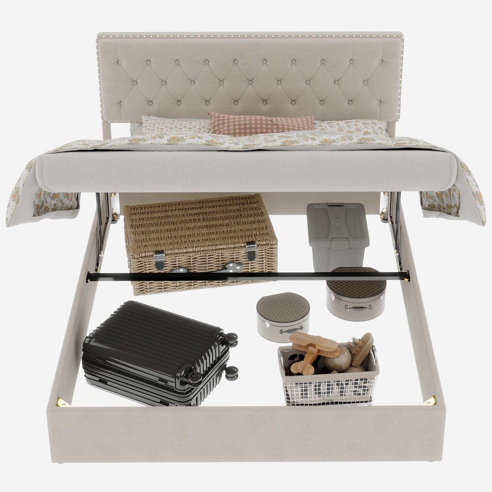 Letto contenitore matrimoniale 140x200 cm, doghe in legno, testiera, velluto beige, senza materasso - 6