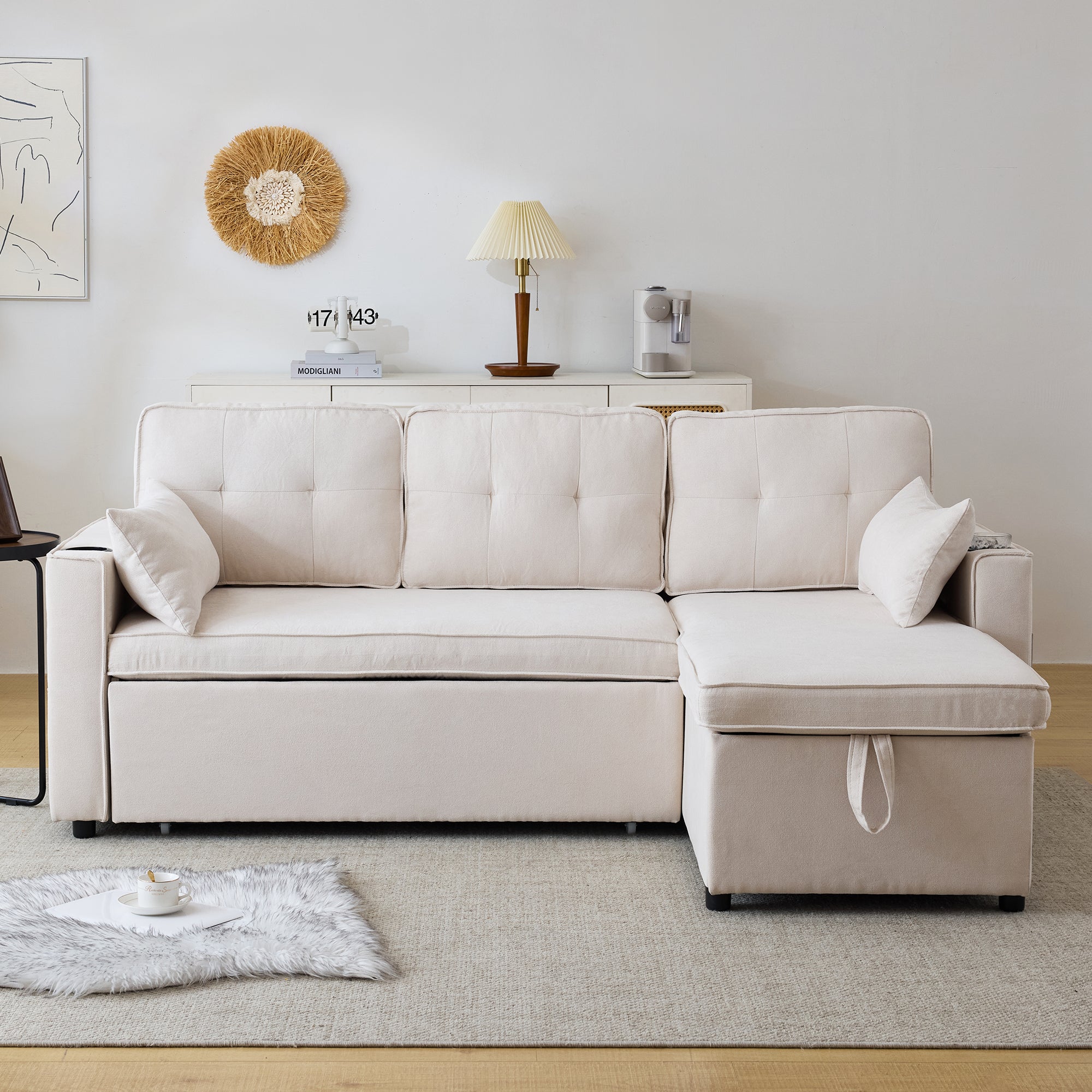 Divano angolare trasformabile a 3 posti con contenitore e portabicchieri - Funzione sleep - Cotone e lino - Beige - 2