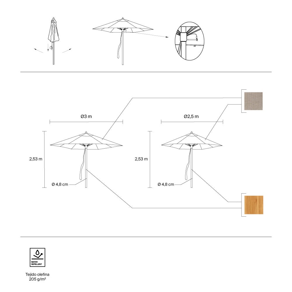 IASO Basics Siena – Parasol rond Ø 3 m en bambou, toile beige lisse - 5