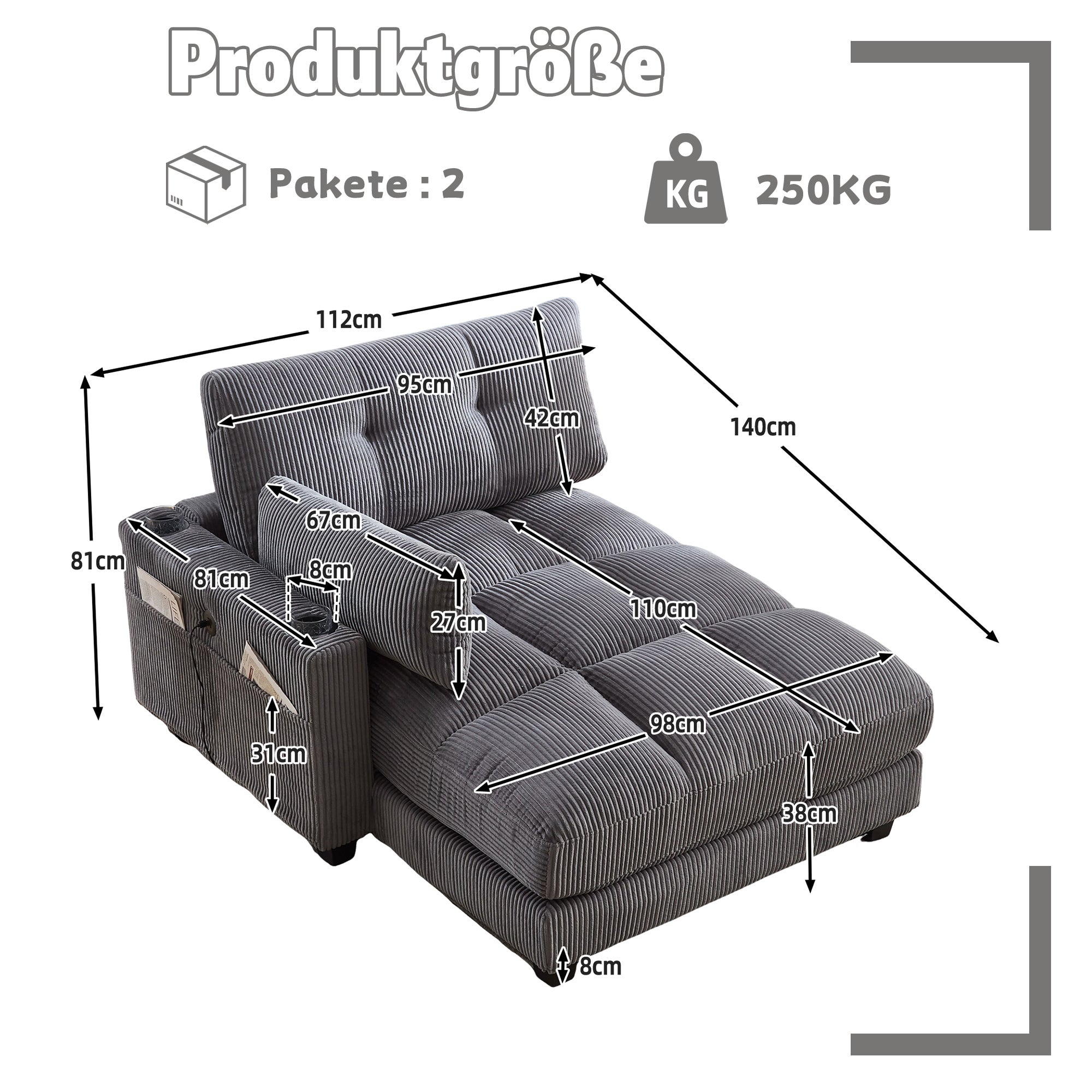 Canapé moelleux L 140 x P 112 x H 81 cm - 2 Porte-Gobelets et 1 poche latérale - Avec port USB-C - velours côtelé - gris - 4