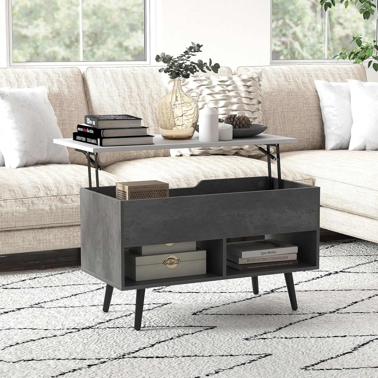 Tavolino Salotto Sollevabile in Legno, Tavolino da Caffè con Scomparto Nascosto e 2 Scaffali Aperti, Tavolino Basso e Modern per Soggiorno, Sa - 9