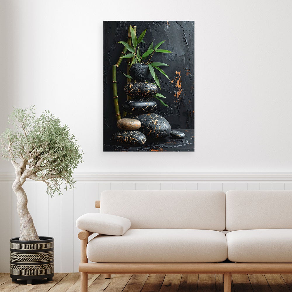 Obraz do salonu sypialni, Kamienie zen spa liście bambusa czarny 60x90 - 2