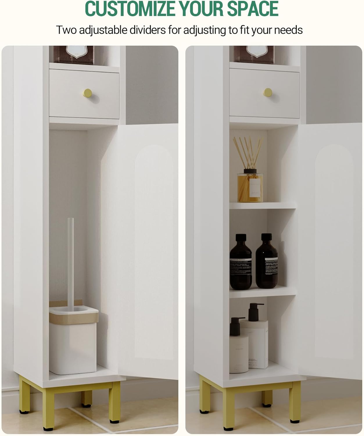 Armario para Baño Alto, Armario Estrecho para Papel Higiénico 2 Puertas y Cajón, Organizador de Baño Estante Ajustable, Blanco - 4