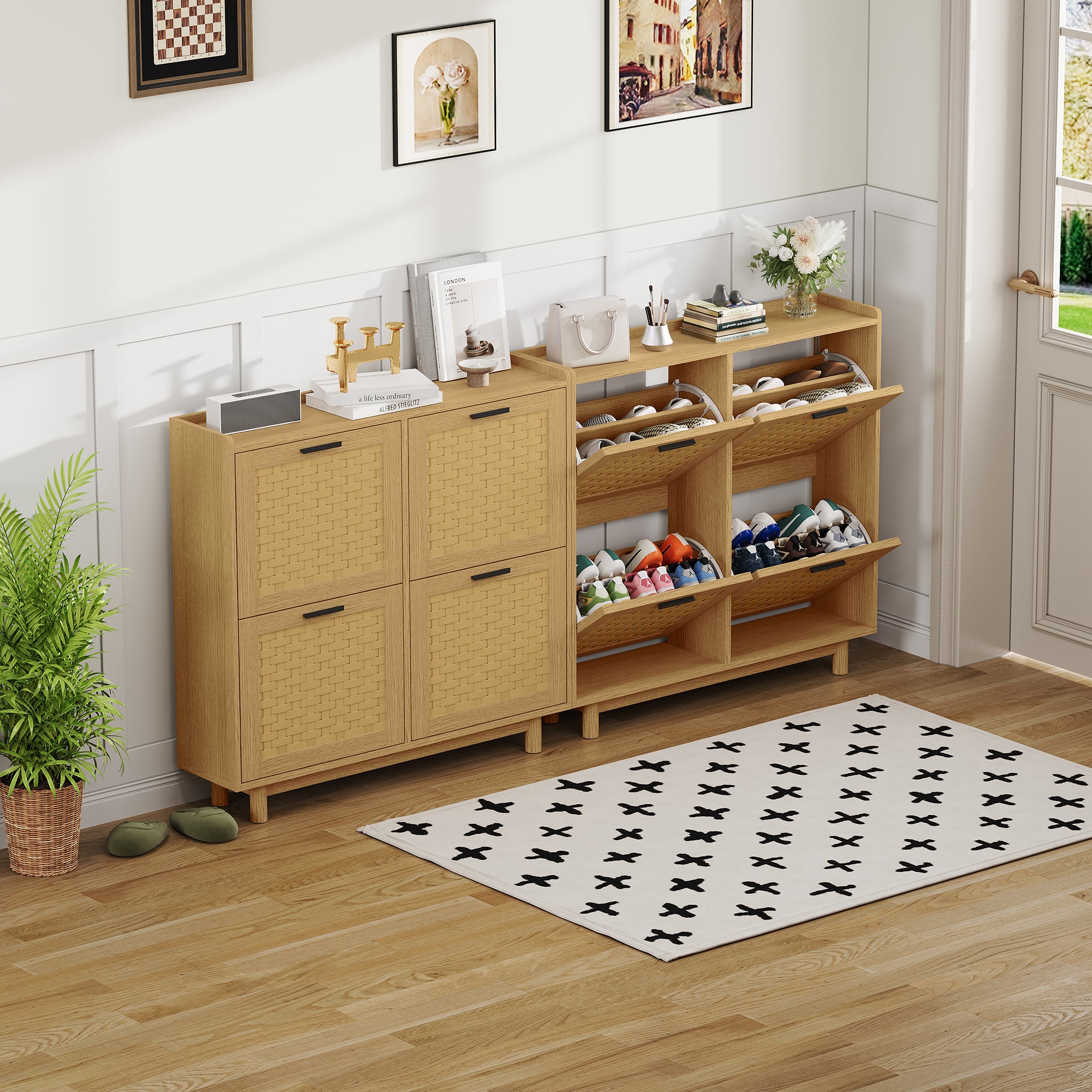 KEFSR Meuble à Chaussures avec 4 Portes,Étagère à Chaussures,Étagère à Chaussures Réglable,Rangement à Chaussures en Rotin,100x24x95cm(Chêne) - 8