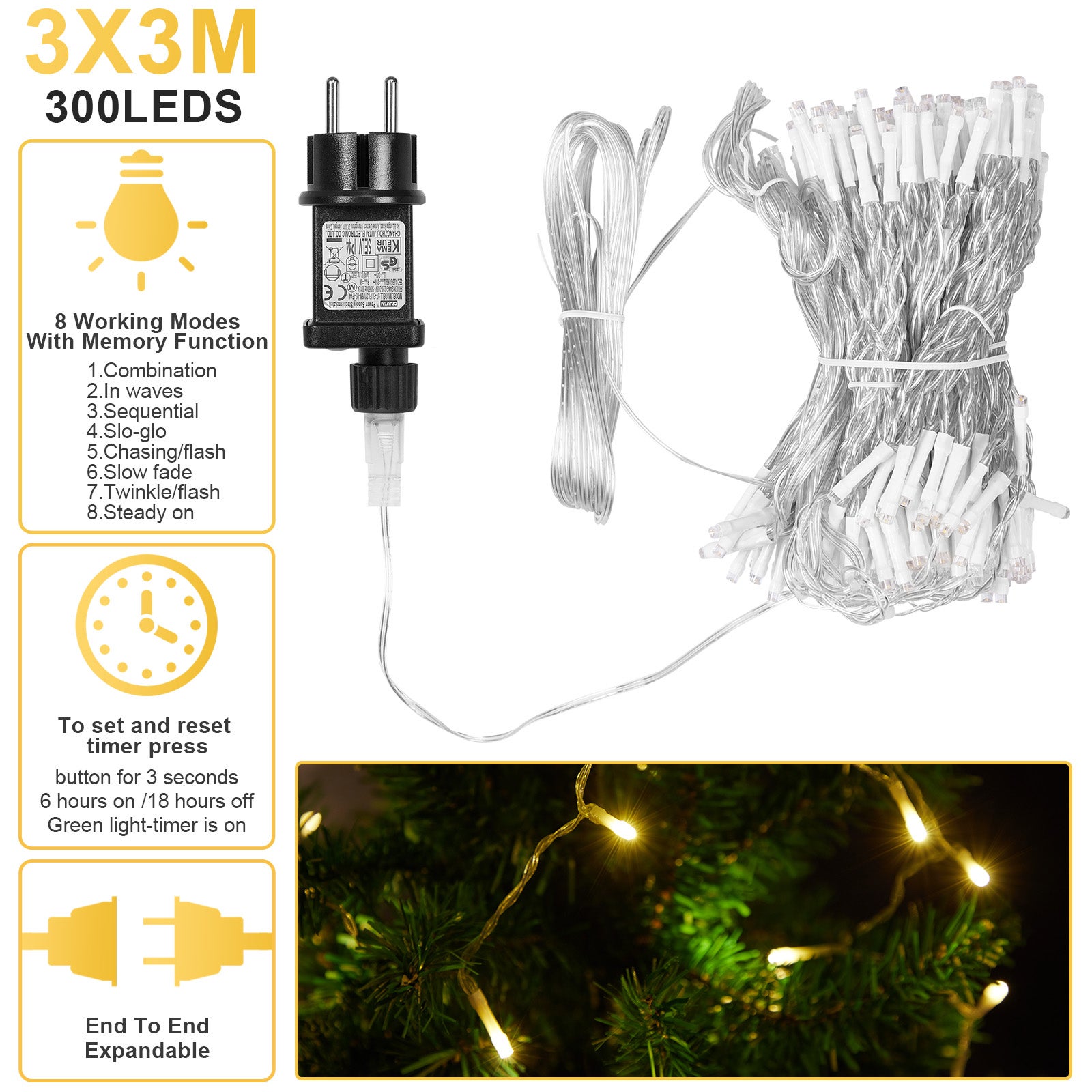 Luci per tende Catena Luminosa 3x3m, 300 LED Bianco Caldo 8 Modalità con Memoria, Timer Auto IP44, Collegabile per Interni ed Esterni 2 confezioni - 4