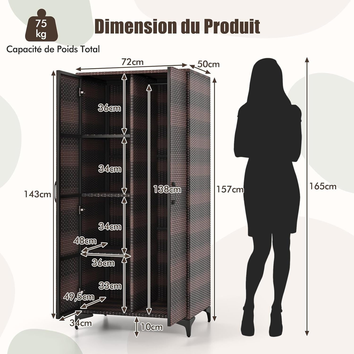 Armoire de Rangement, Armoire Intérieure en Osier PE, 4 Compartiments, Armoire Tringle Penderie, Armoire Extérieure,72 x 50 x 157 cm (Marron) - 8