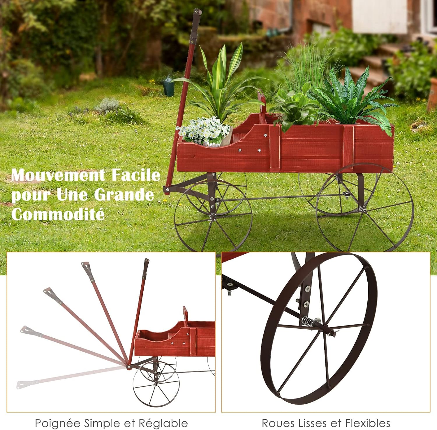 Brouette Décorative en Bois- 35×62,5×60cm- 2 Compartiments à Plantere-Jardinière Forme Brouette Chariot-Jusqu’à 15kg-Rouge - 6