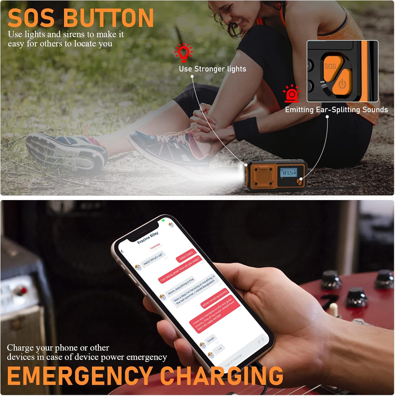 Radio Solaire Radio Portable, d'urgence Météo 4000mAh Radio à Manivelle avec FM/AM/SW Radio Dynamo, avec Lampe de Poche LED/Alarme SOS/Câble USB - 6