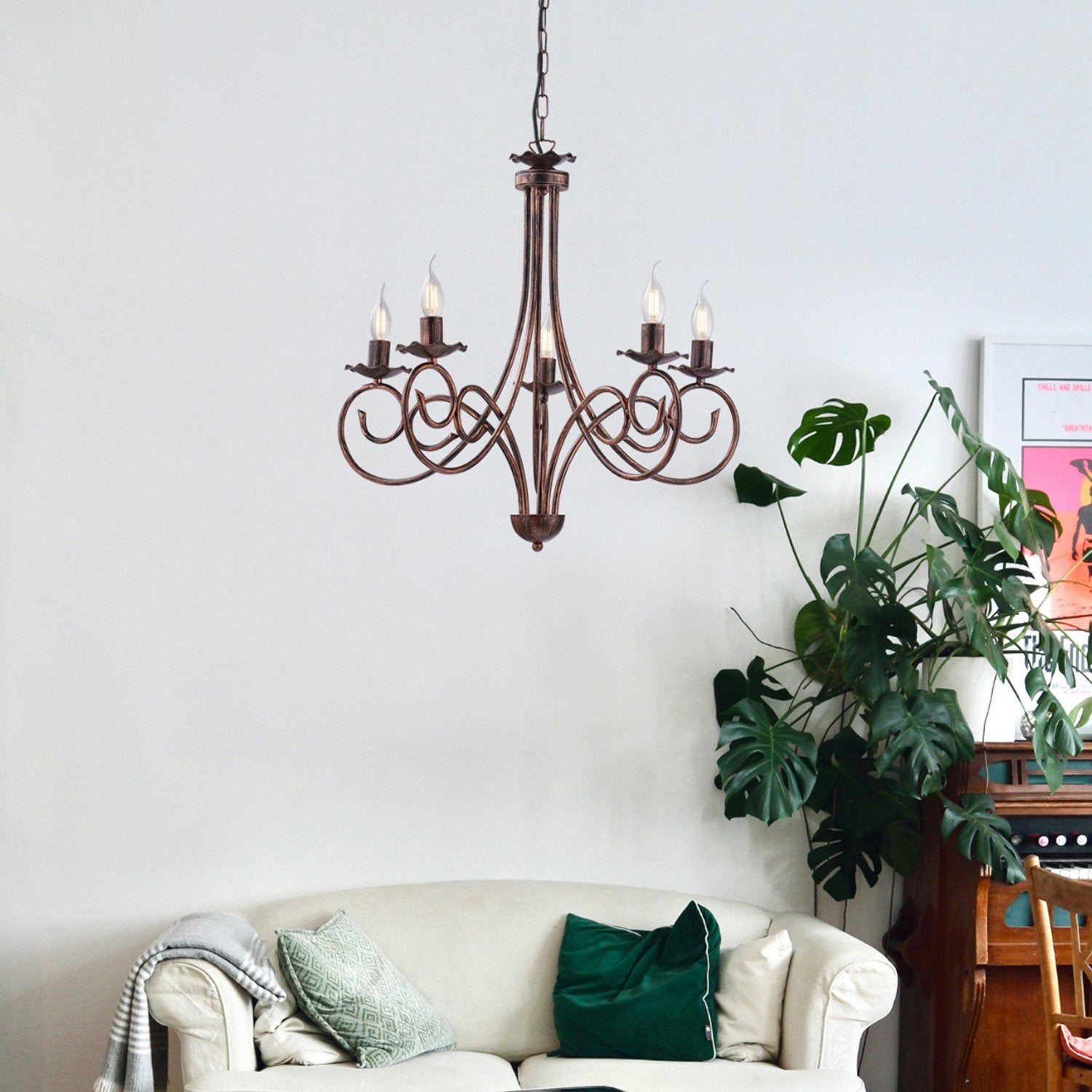 Alma Lustre en fer laqué noir décor cuivre antique 5 lumières 120 d.57 BL130-5-NR - 3