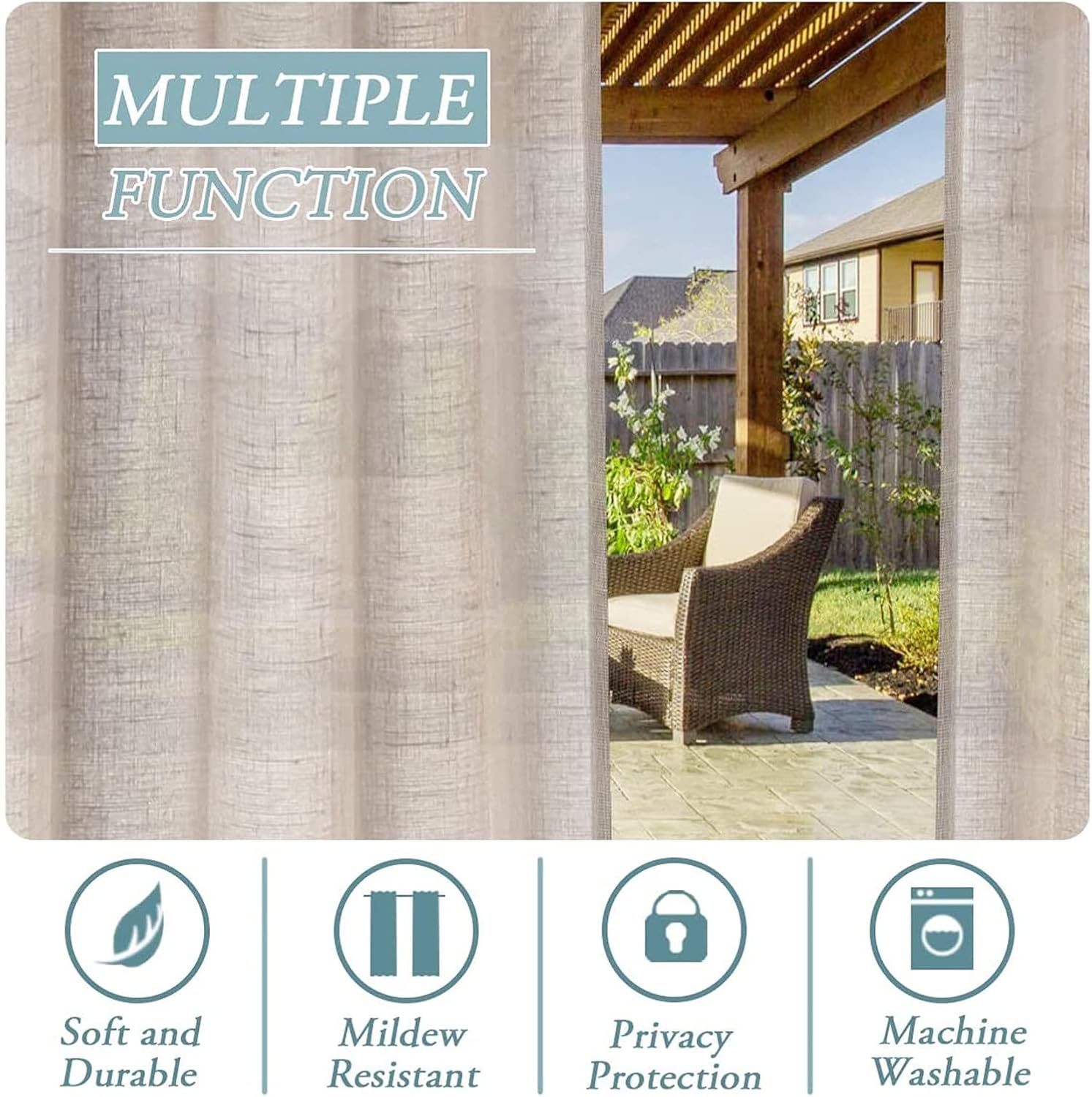 Cortinas de lino para exterior (juego de 2), impermeables con cierre de velcro, para cenador, patio o pérgola (84 x 52 pulgadas) - 5