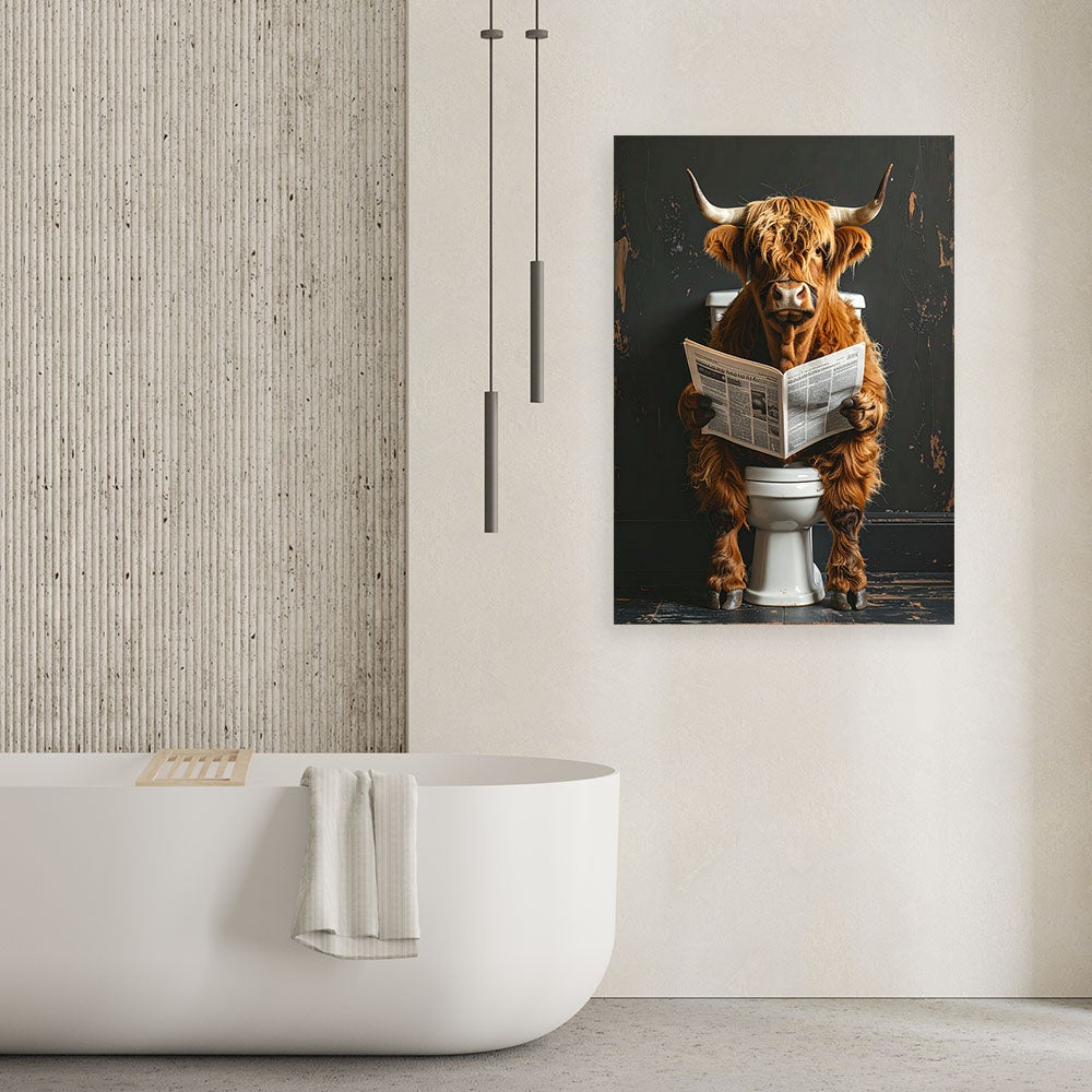 Obraz nowoczesny do łazienki wc pokoju humor, Krowa szkocka czytająca gazetę czarno złoty 60x90 - 2