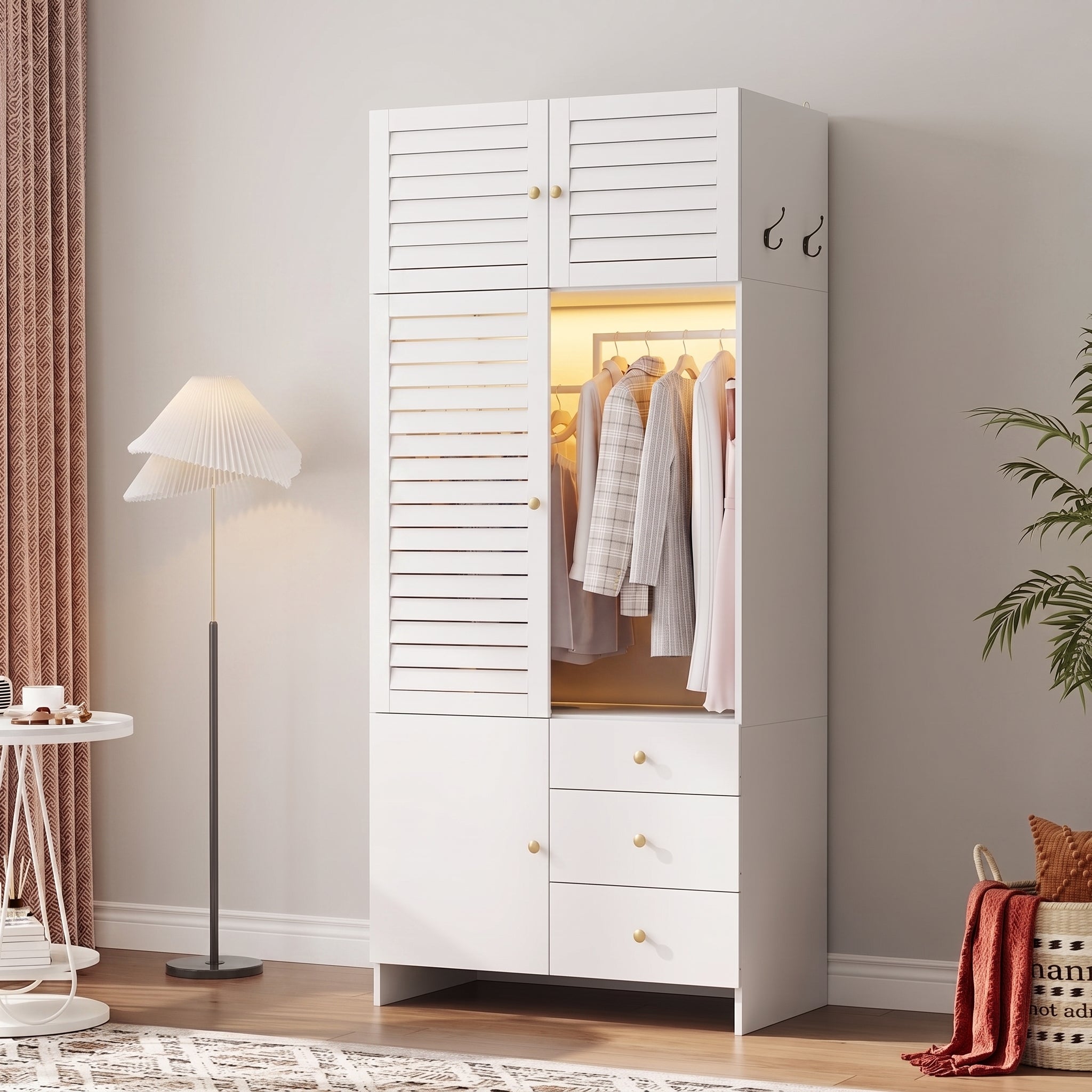 Dulap 90x200cm cu iluminare LED - Unitate de depozitare modernă cu uși cu lamele, mânere aurii, șină de agățat și 3 sertare - Alb