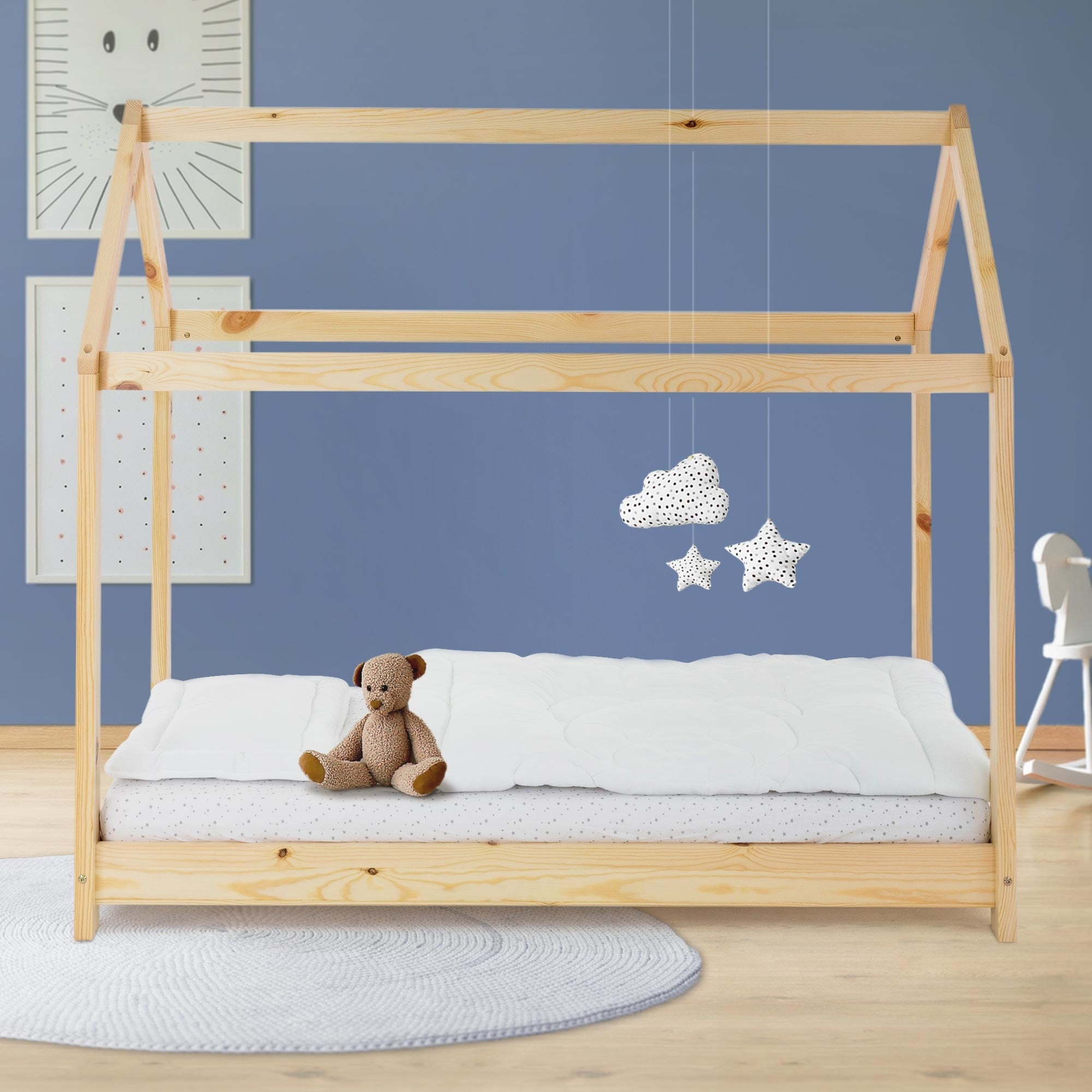 ML-Design łóżko domek 80x160 cm naturalne z dachem i stelażem listwowym z litego drewna sosnowego stabilne łóżko dziecięce dla chłopców i dziewczynek