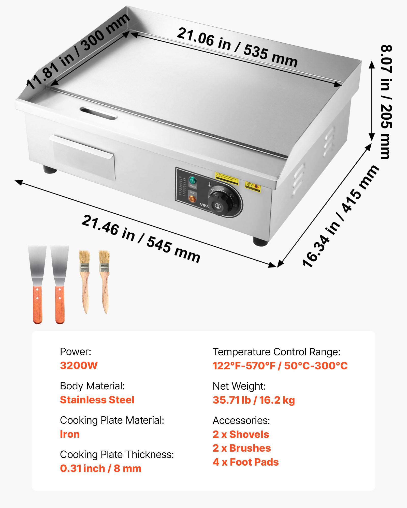 Plancha électrique VEVOR inox 3200 W, plaque 535×300 mm, 50–300 °C, avec accessoires, pour barbecue/restaurant/snack-bar - 7