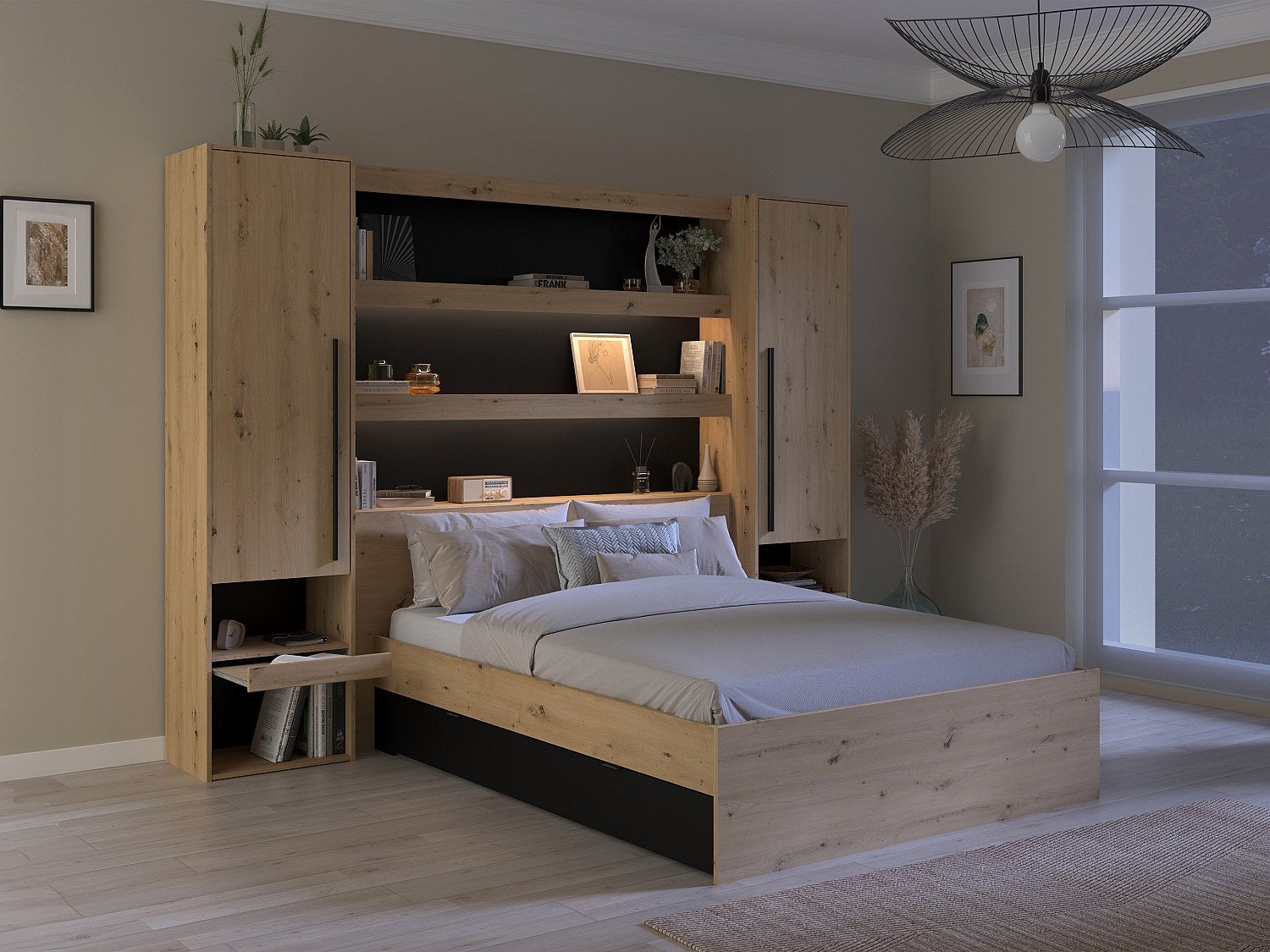 Pont de lit avec rangements et LEDs - L269 cm - Coloris : Naturel et noir - VARLY - 2