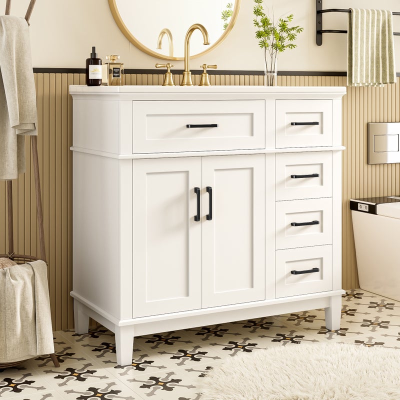 Mebel łazienkowy z ceramiczna umywalką 90x46x87 cm - 4 szuflady i 3 drzwi - Biały