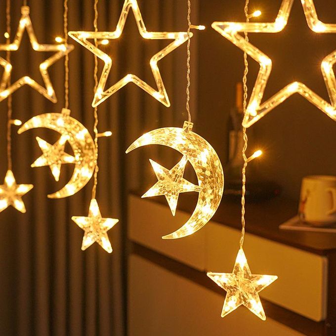 Guirlande lumineuse LED Star Moon, rideau lumineux de Noël de 3,5 m avec télécommande, décorations de Noël, 8 modes d'éclairage, blanc chaud - 6