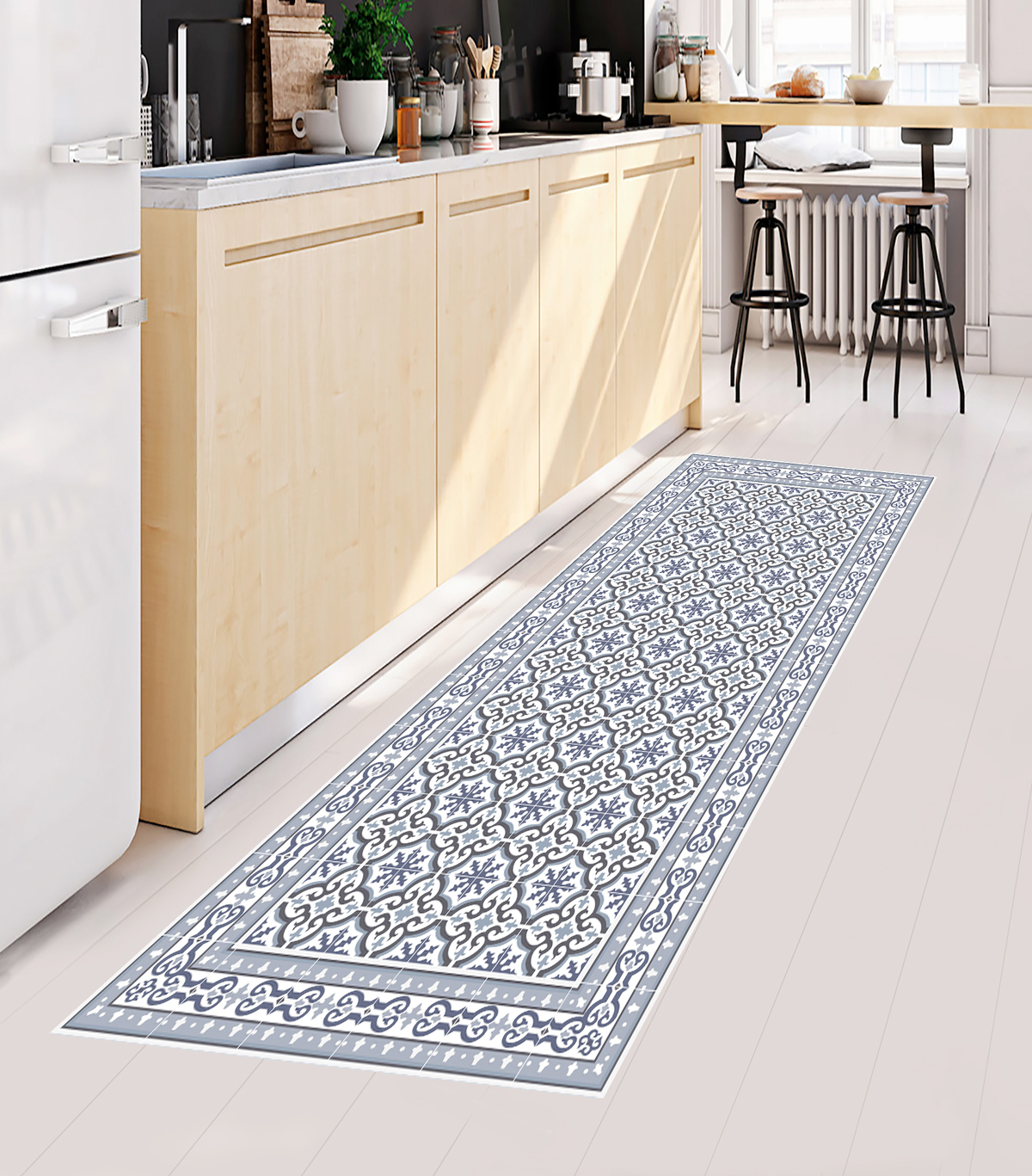 Alfombra de vinilo jeanette 66x180 cm - pvc antideslizante, vinilica para cocina o salón, lavable, estilo hidraúlico