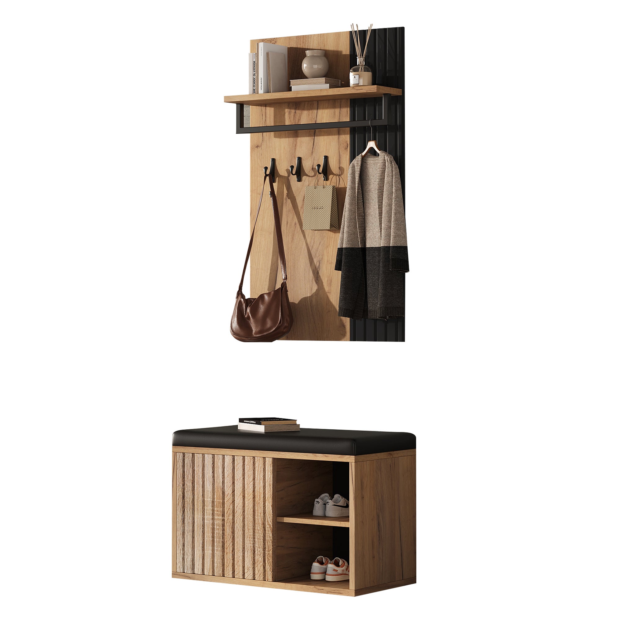 Ensemble vestiaire d'entrée - 1 porte-manteaux et 1 meuble à chaussures - avec coussin et 3 crochets - Naturel + Noir - 6