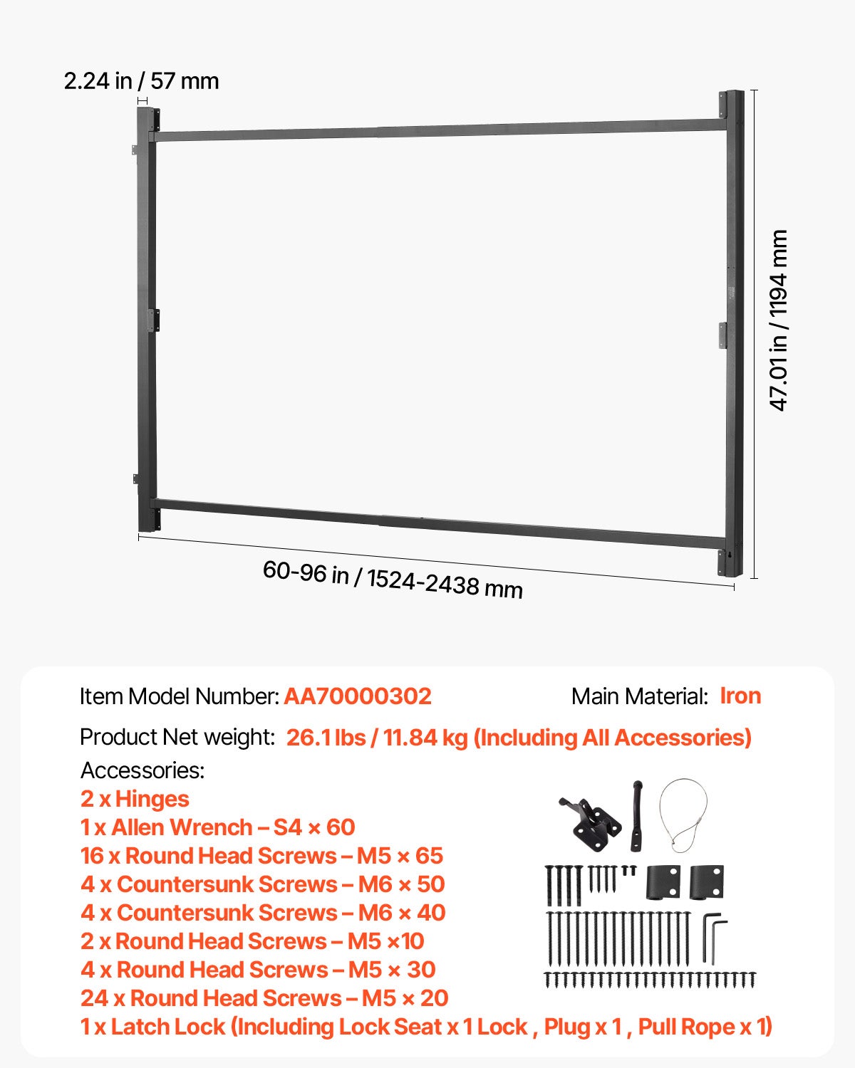 Kit construction portail 60-96 po,VEVOR ajustable,cadre anti-affaissement,verrou loquet et vis,pour clôture bois,fer - 7