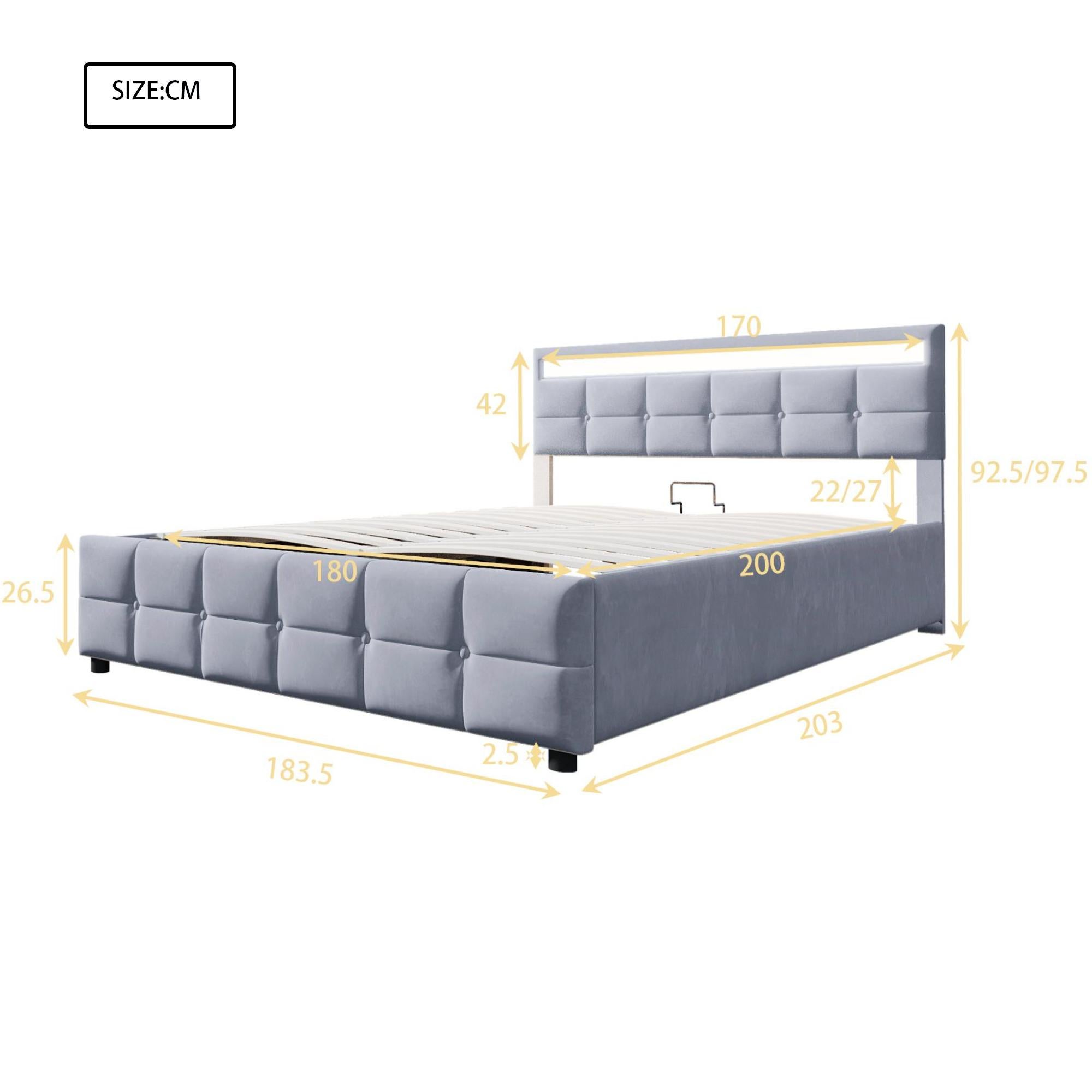 Łóżko 180x200cm z weluru - z LED i stelażem na listwy - Szare - 4