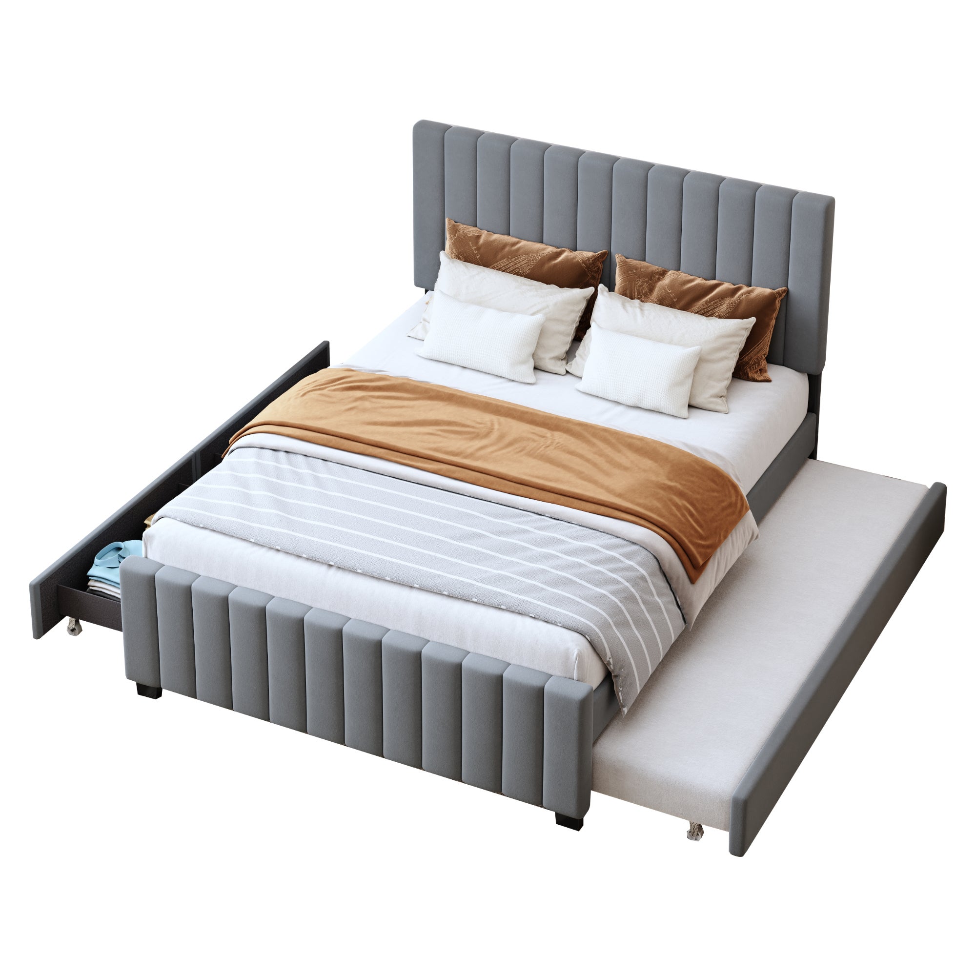 Lit gigogne 140 x 190 cm lit capitonné avec 2 tiroirs, velours, gris, sans matelas - 7