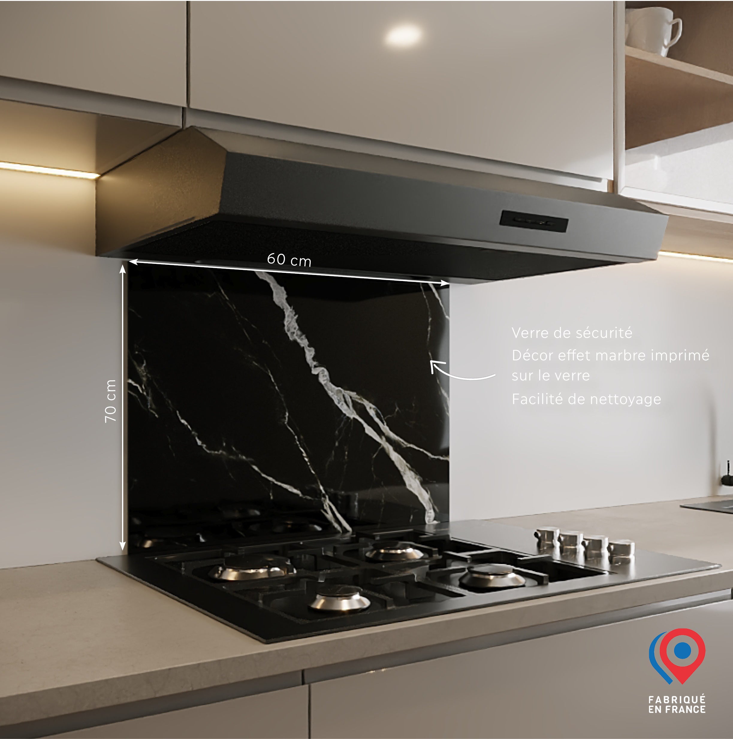FOND DE HOTTE EN VERRE TREMPÉ EFFET MARBRE NOIR 70x60, 6 mm - 5 Kg - Fabrication Française AURYS NORMANDIE - 3