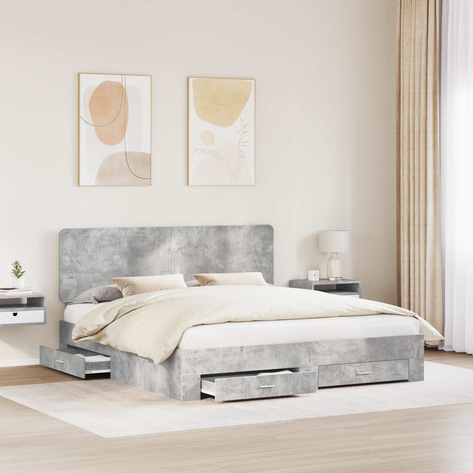 Cadre de lit gris béton 200 x 200 cm panneau de bois - 3