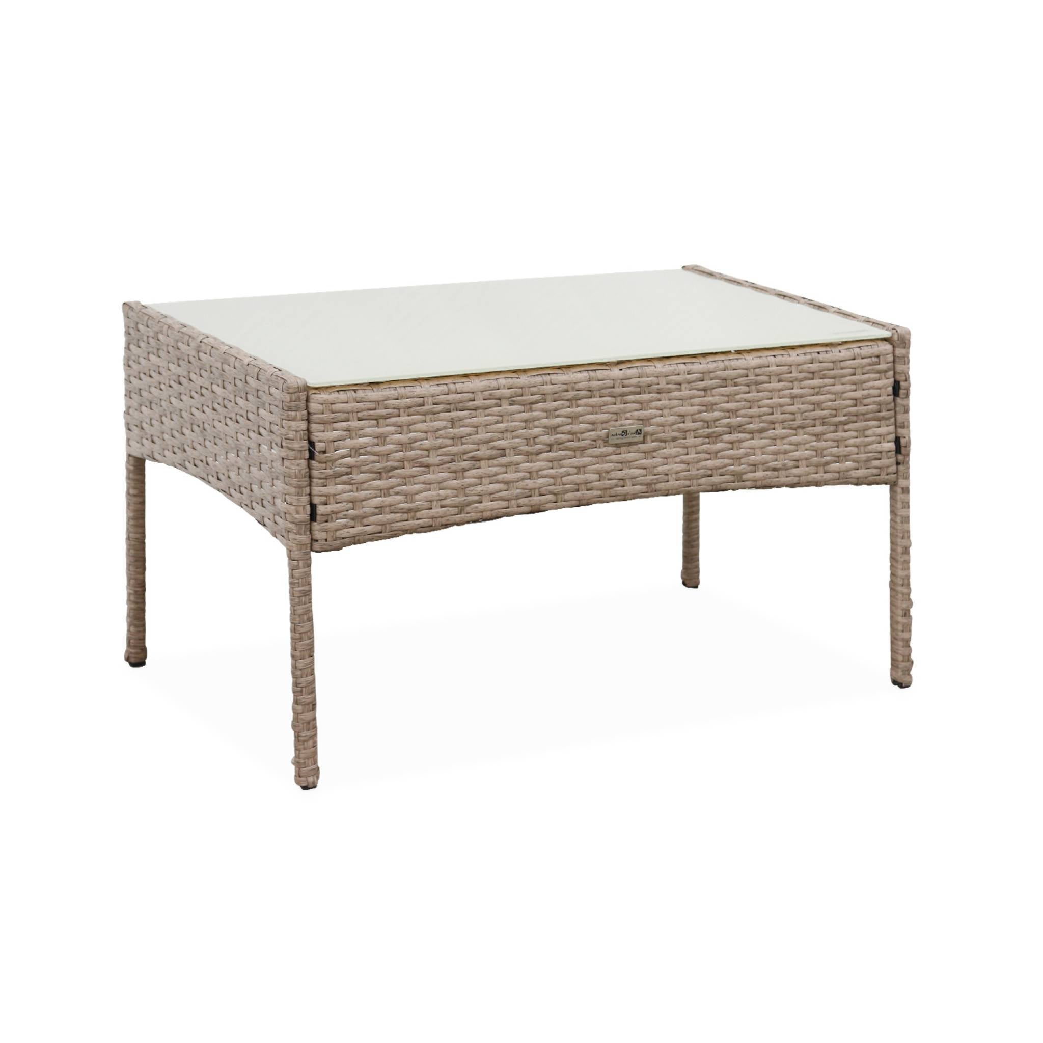 Salon de jardin en résine tressée - Moltès - Naturel. Coussins beiges - 4 places - 1 canapé. 2 fauteuils. une table - 7