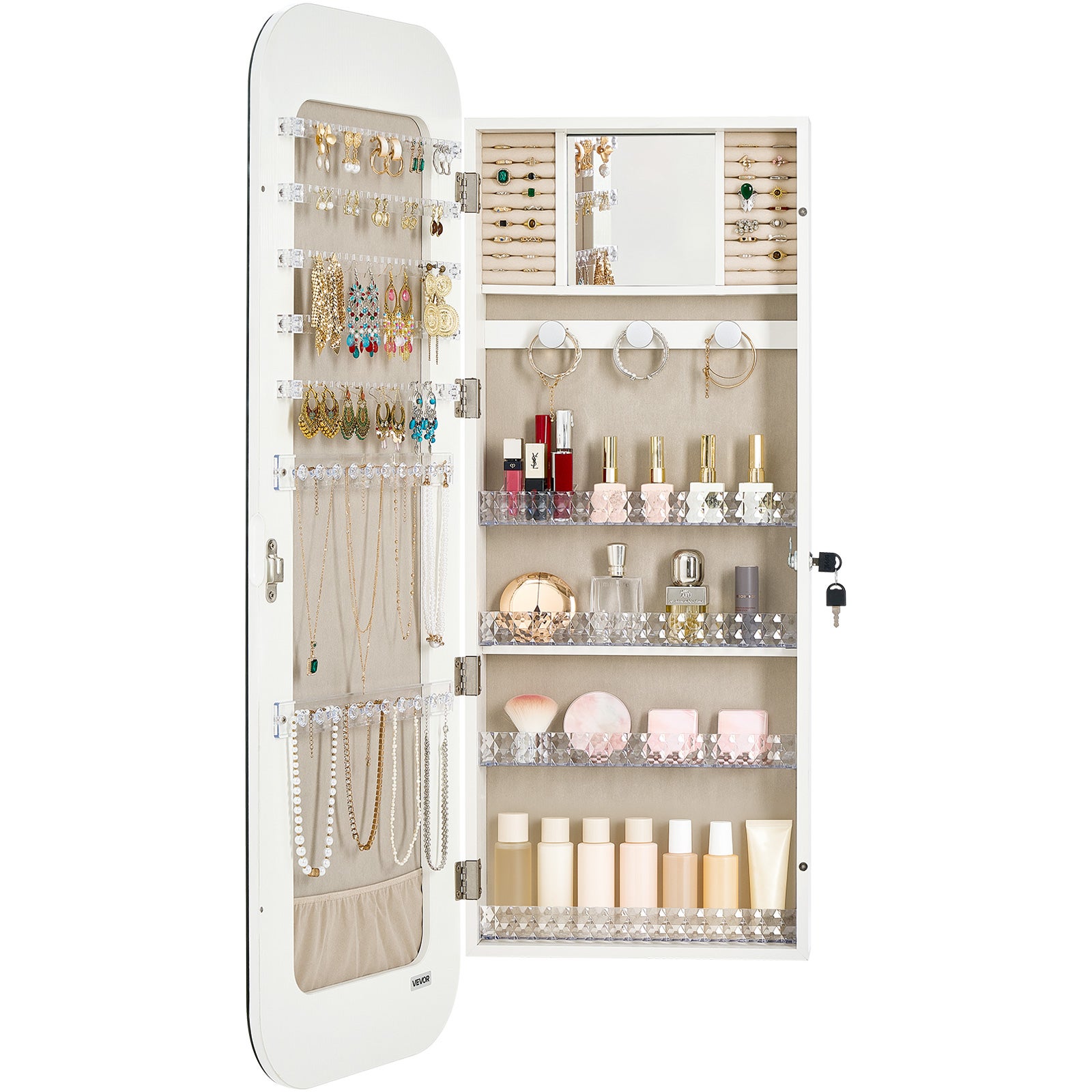 Armoire à Bijoux avec Miroir VEVOR 1080 mm, Organiseur Verrouillable Mural/Sur Porte avec 2 Clés & Compartiments de Rangement, Blanc - 9