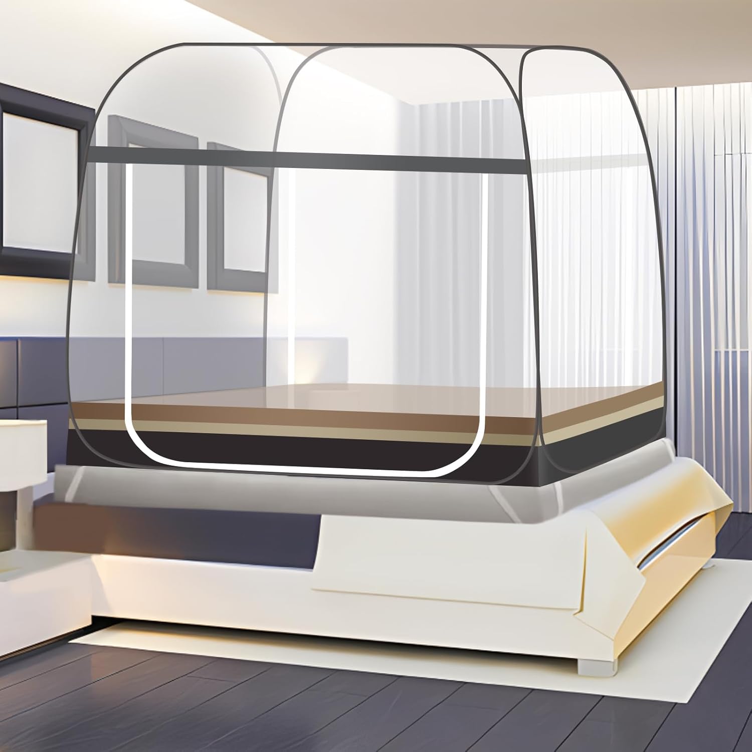 Mosquitera para cama (200 x 180 x 155 cm), tienda de campaña portátil plegable con doble puerta y base fácil de montar, eficaz contra picaduras de mos