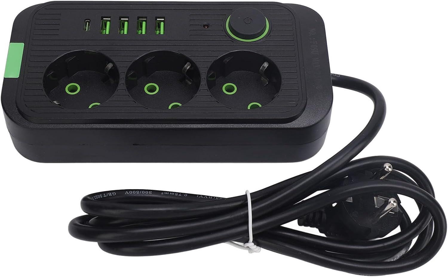 Europejski przedłużacz, 4 porty USB do gniazdka UE, 110-250 V, przenośny europejski adapter podróżny z bolcami pod kątem 45° do sypialni (czarny)