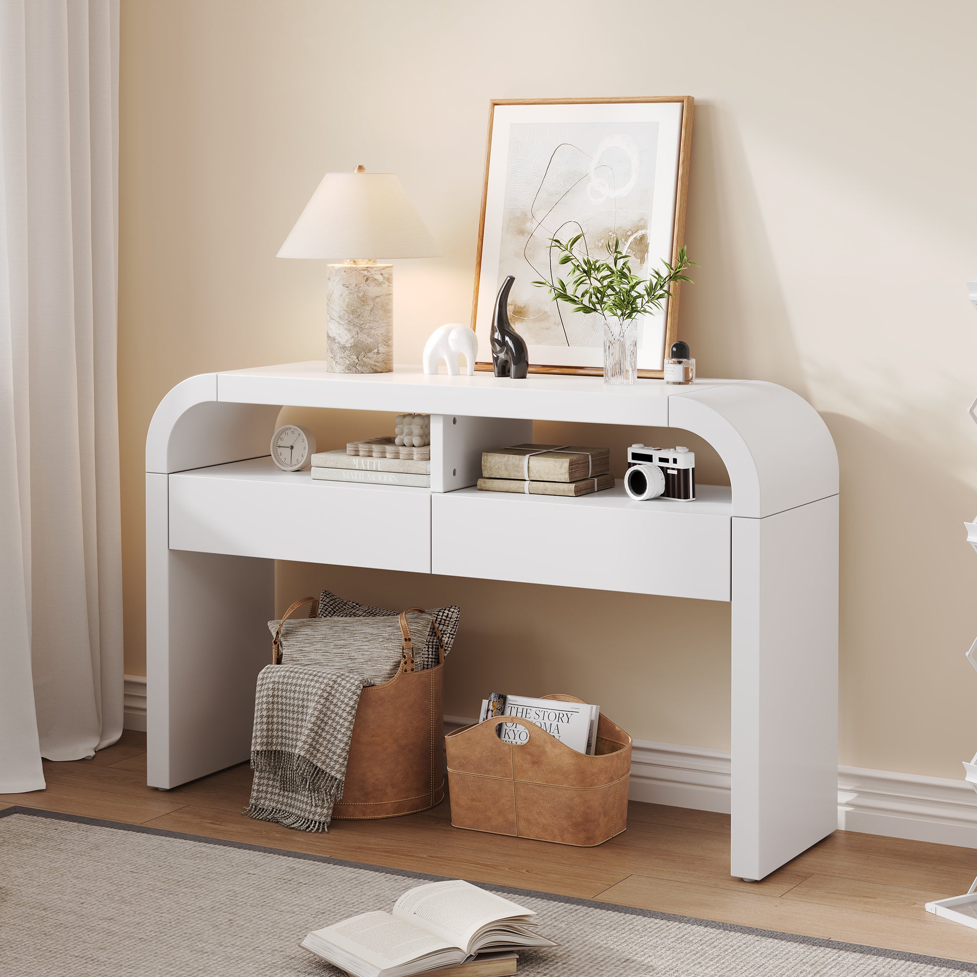 Stół konsolowy 120x35,5x76,5cm - z 2 szufladami - Zaokrąglone rogi - otwarte półki - MDF - Biały