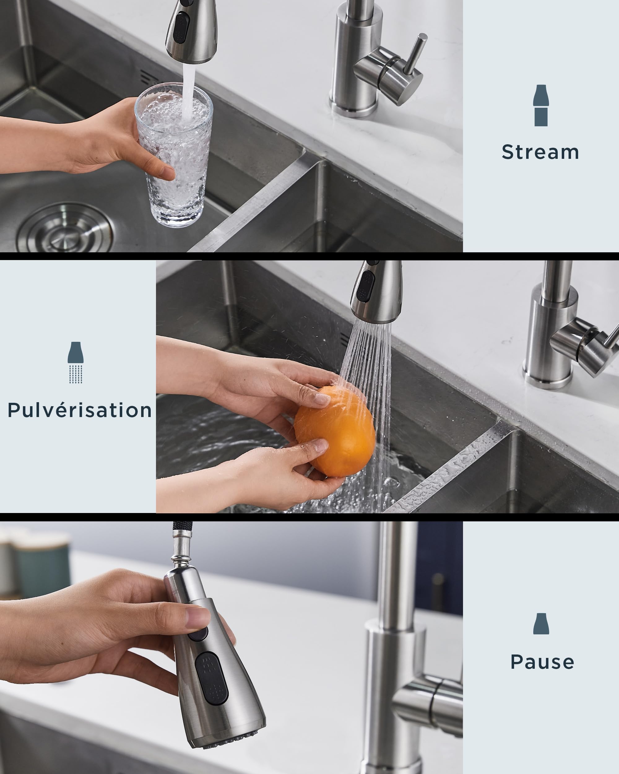 Mitigeur de Cuisine avec Pulvérisateur Escamotable 2 Modes,Pivotant 360°,Arc Élevé en Acier Inoxydable - Robinet Évier Moderne et Fonctionnel - 4