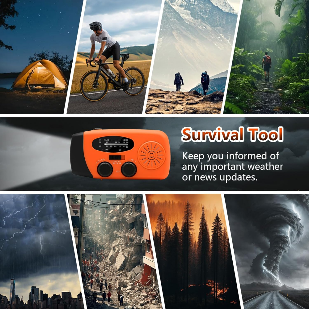 Przenośne radio awaryjne – Power Bank 2000 mAh – Radio awaryjne zasilane bateryjnie (ładowalne) – Na kemping i na wypadek klęsk żywiołowych – Pomarańc - 9