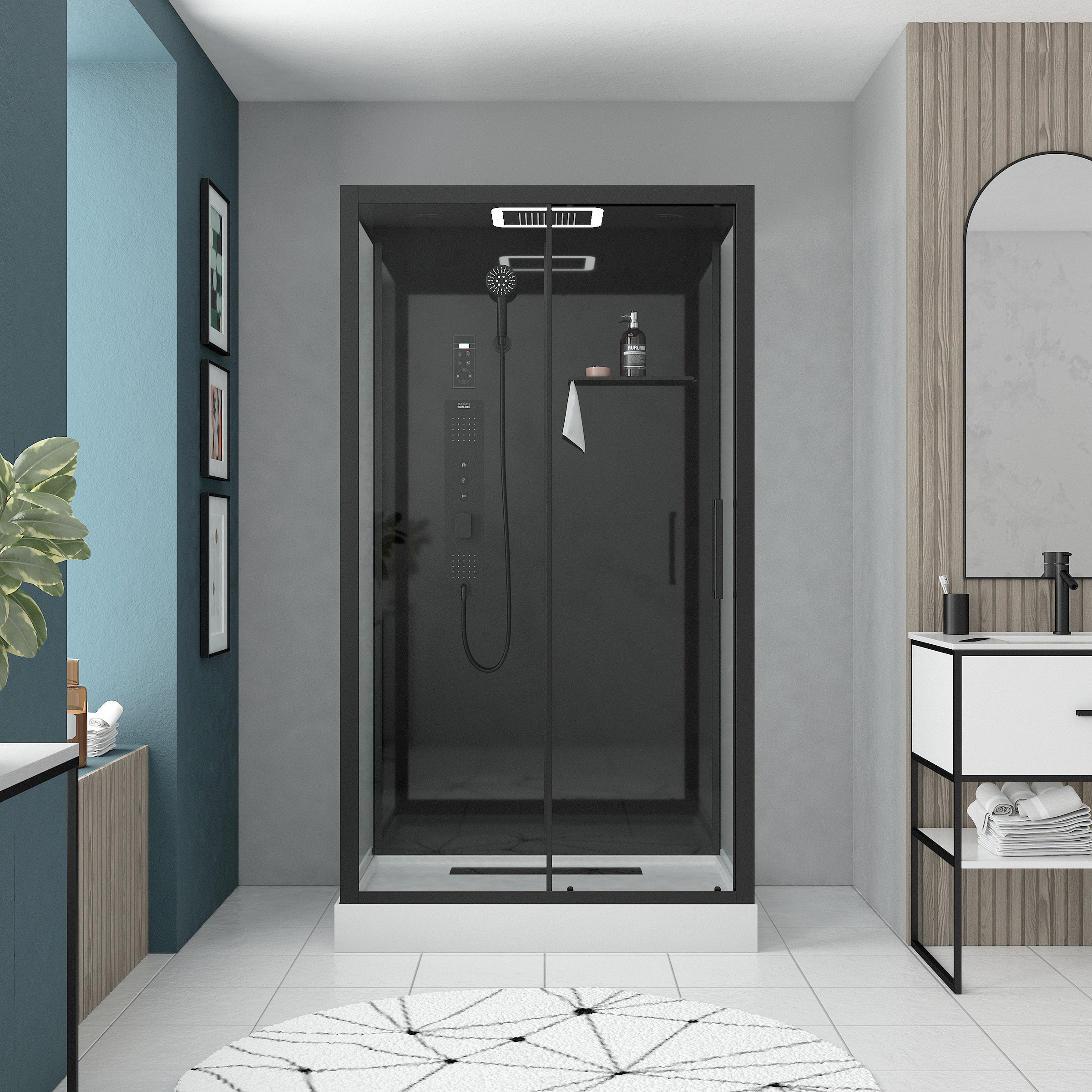 Cabine de douche Hydromassante 115x90x218 cm Porte coulissante Fonds & Profilés Noir Mat