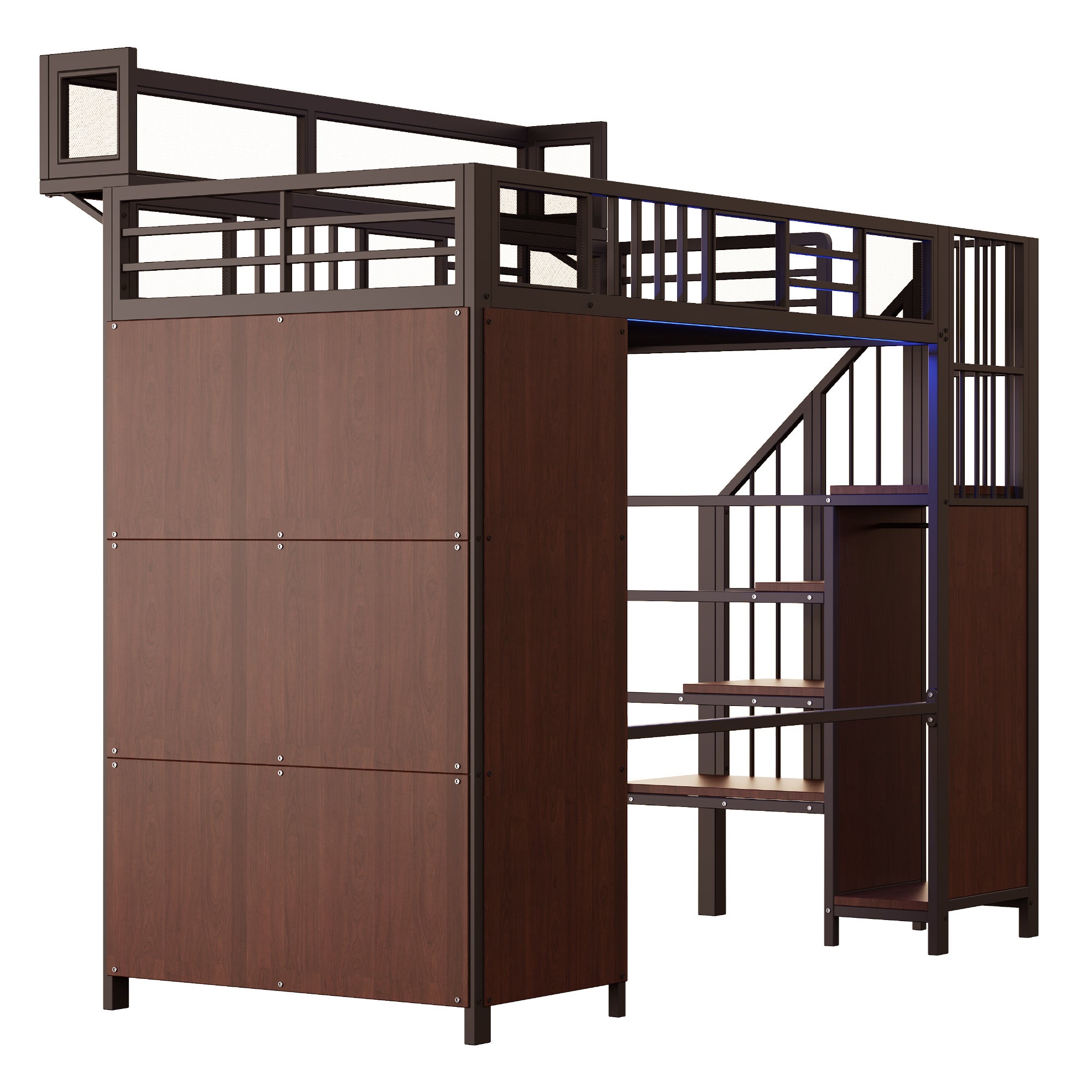 Lit mezzanine 90x200 avec armoire intégrée et éclairage LED, Lit simple avec barrières de sécurité en maille, étagères amovibles et échelle, Noir - 7