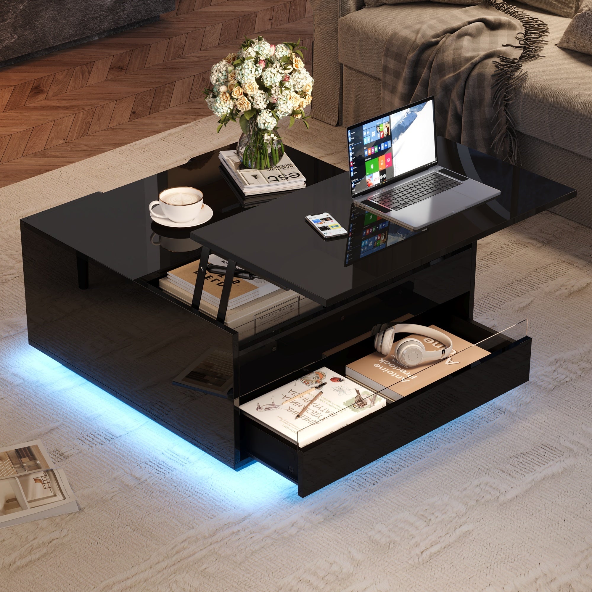 Stolik kawowy kwadratowy z podnoszonym blatem i 1 szufladą - 70 x 70 x 38 cm - Diody LED - Płyta wiórowa - Czarny połysk