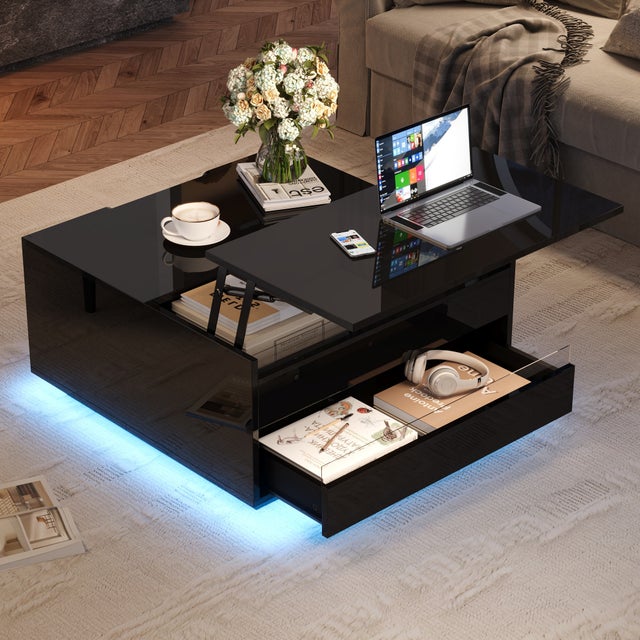 Table basse carrée avec plateau relevable et 1 tiroir - 70 x 70 x 38 cm - LEDs - Panneau de particules - Noir brillant