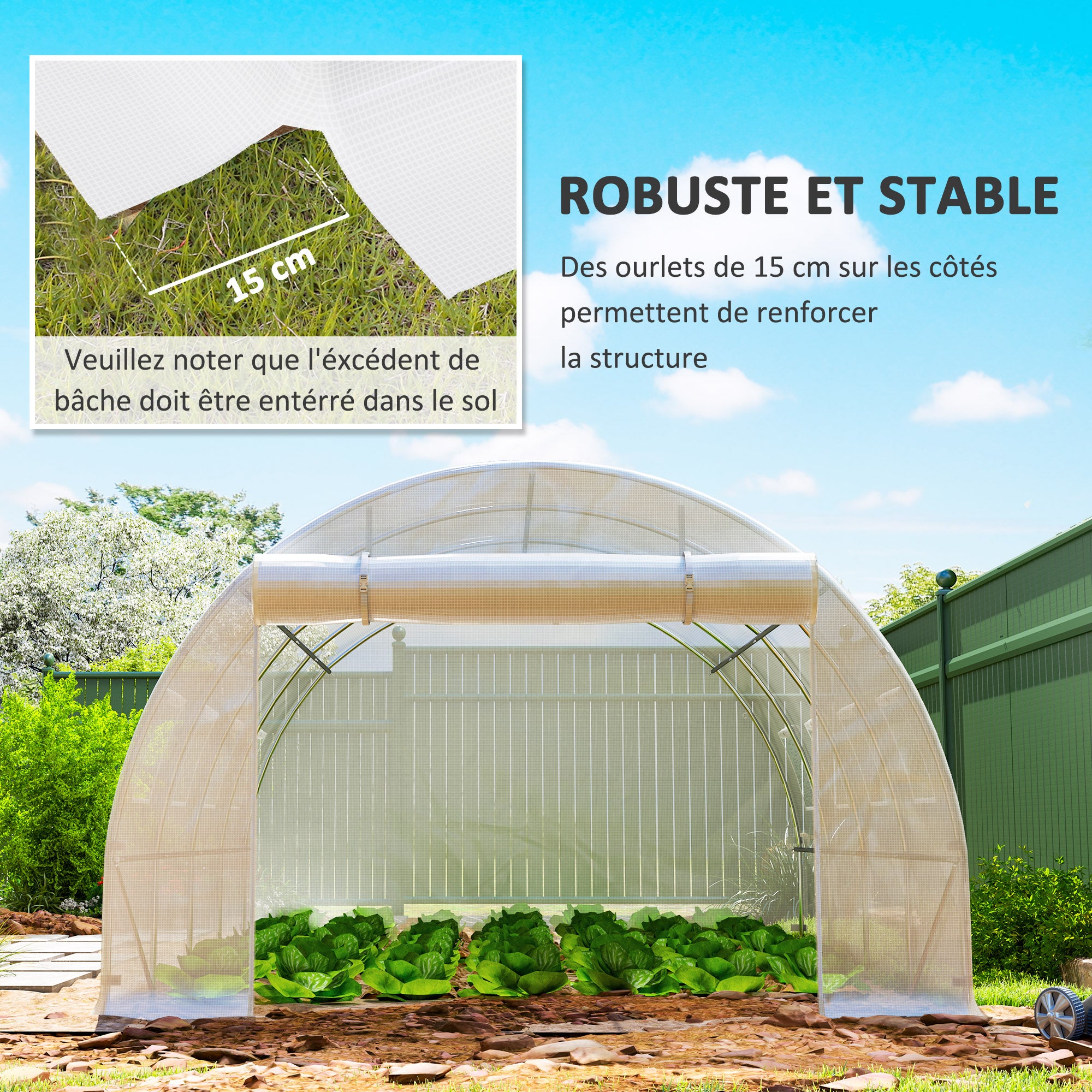 Extérieur Bâche de rechange serre tunnel 12 m² 4 x 3 x 2 m PE anti-UV imperméable 8 fenêtres + porte enroulable zippée - blanc - 7