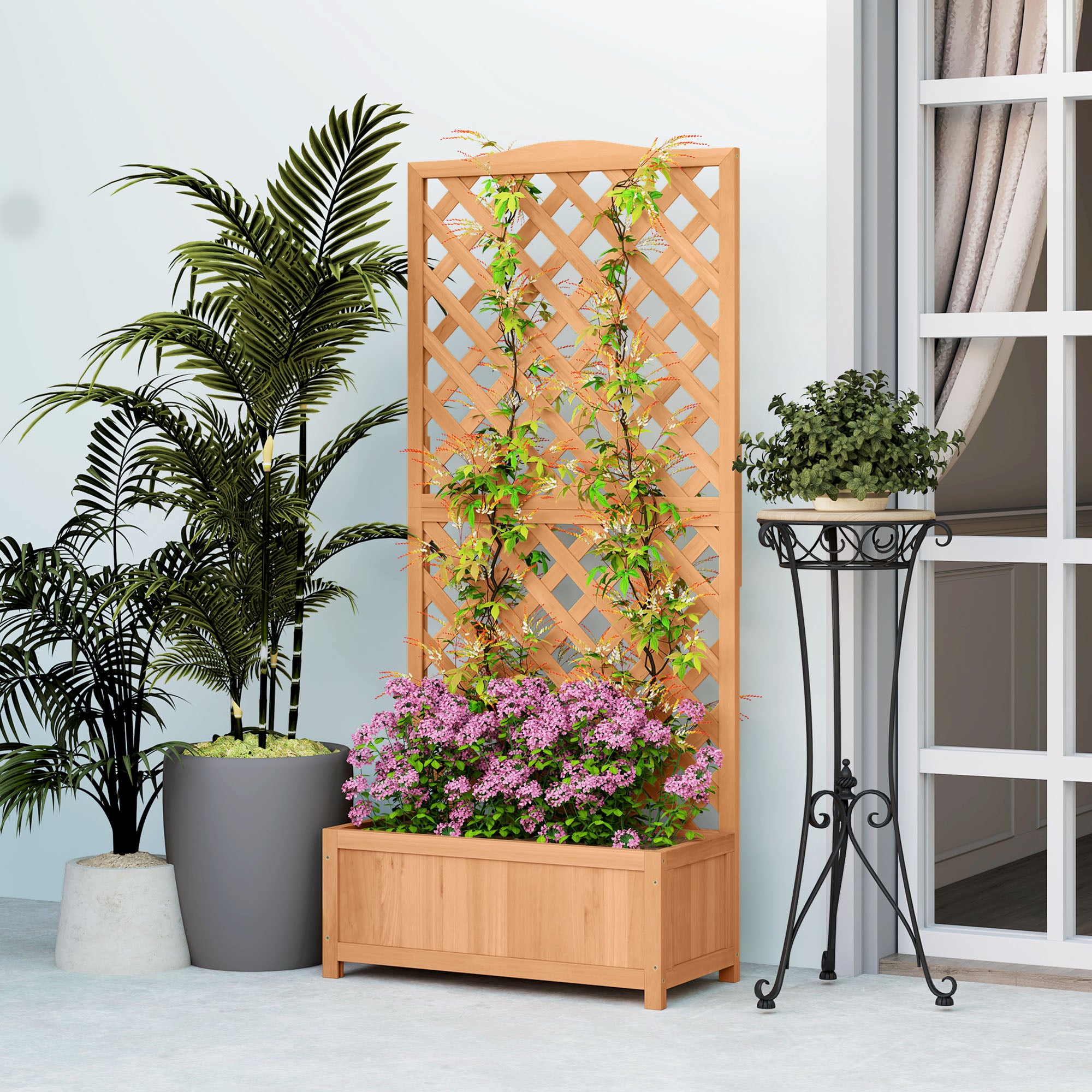 Outsunny Fioriera con Traliccio per Rampicanti e Fondo Ampio, in Legno di Abete, 76x36x170 cm, Marrone - 8