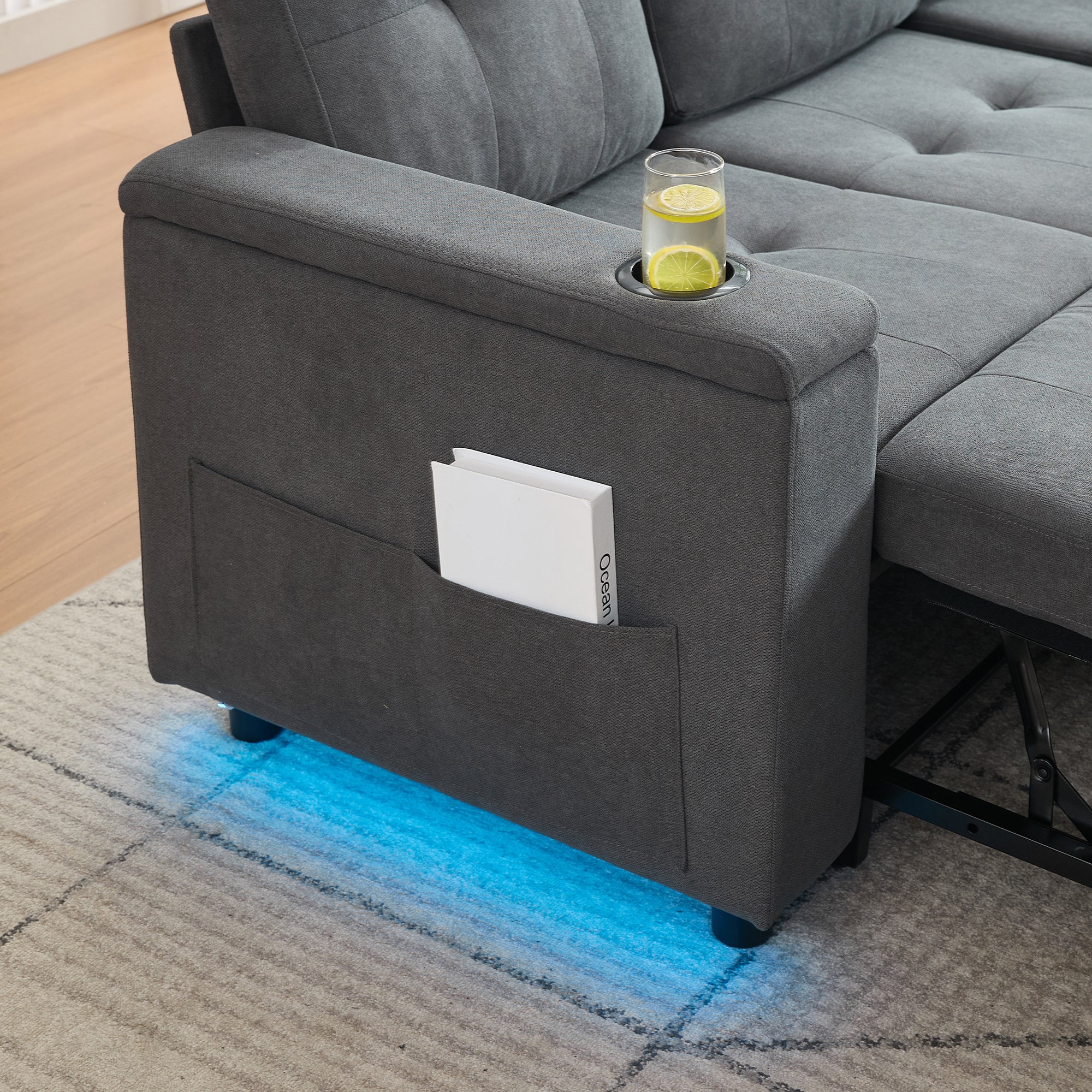 Sofa narożna 3-osobowa z funkcją spania - 208 x 146 x 89,5 cm - Diody LED i gniazdo ładowania - Wyściółka z włókniny i pianki - Szara - 5